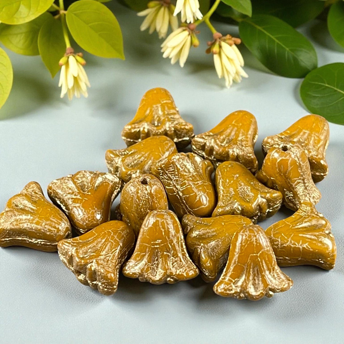 Czech Beads, 10mm Lily Flower, Dijon Mustard with Gold Wash (Lily/RJ-5495) * Qty. 15