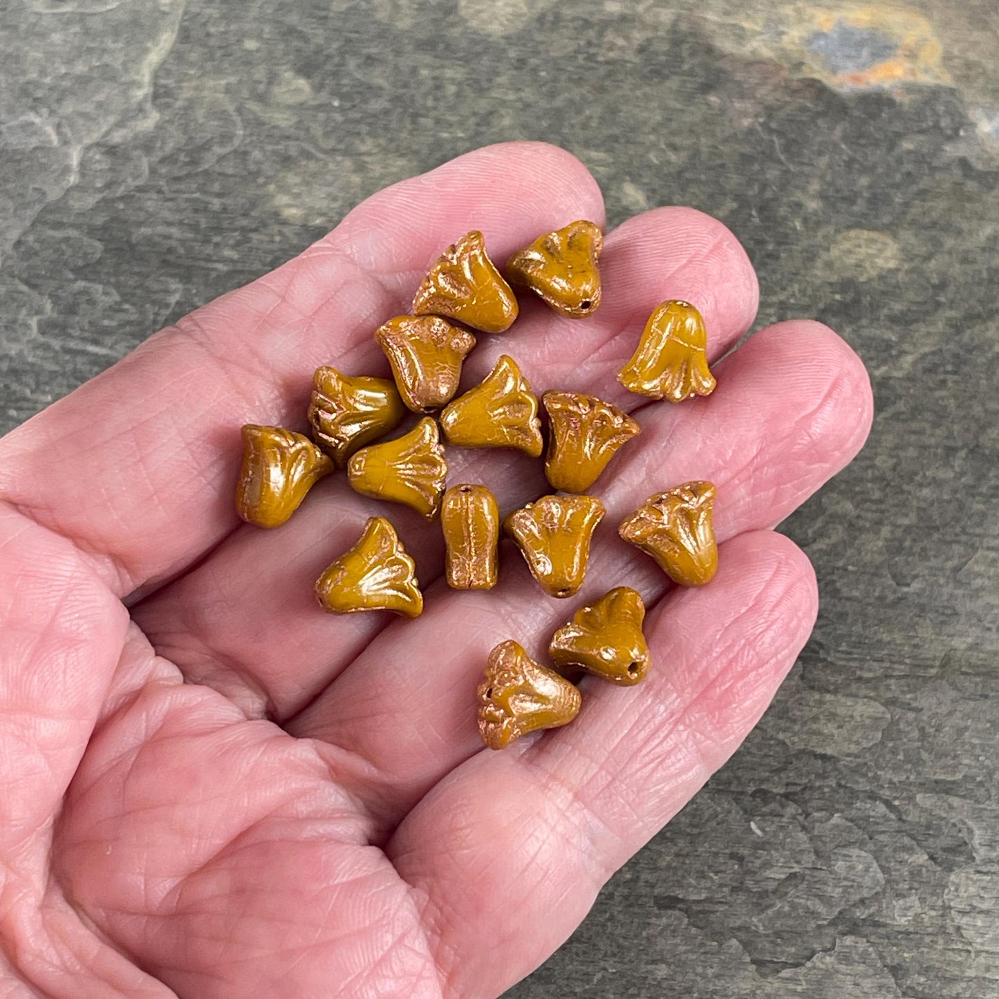 Czech Beads, 10mm Lily Flower, Dijon Mustard with Copper Wash (Lily/RJ-5497) * Qty. 15
