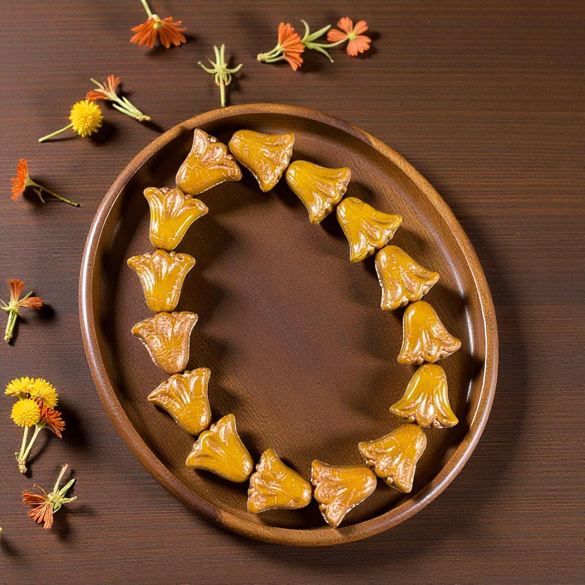 Czech Beads, 10mm Lily Flower, Dijon Mustard with Copper Wash (Lily/RJ-5497) * Qty. 15