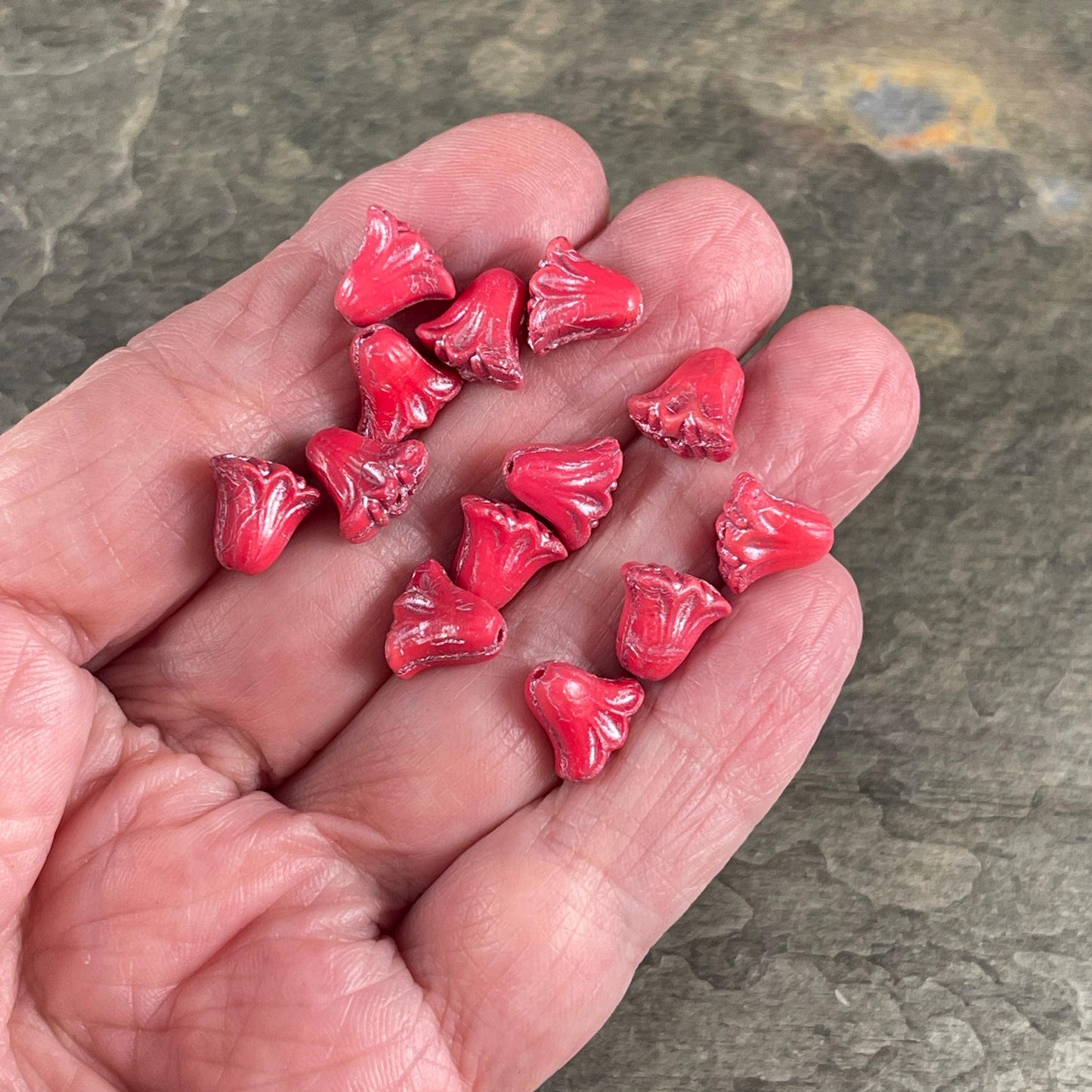 Czech Beads, 10mm Lily Flower, Coral Red with Pink Wash (Lily/RJ-5500) * Qty. 15