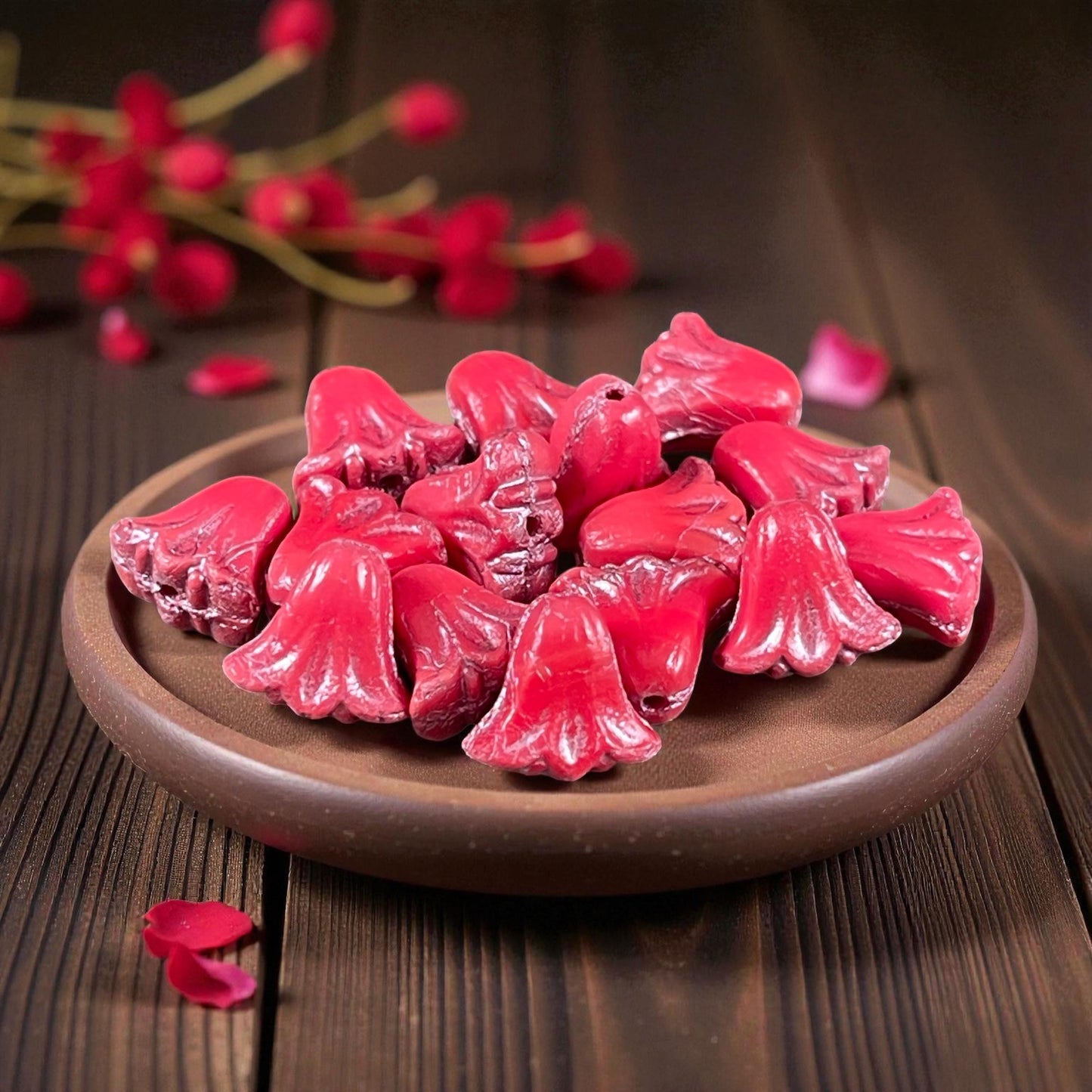 Czech Beads, 10mm Lily Flower, Coral Red with Pink Wash (Lily/RJ-5500) * Qty. 15