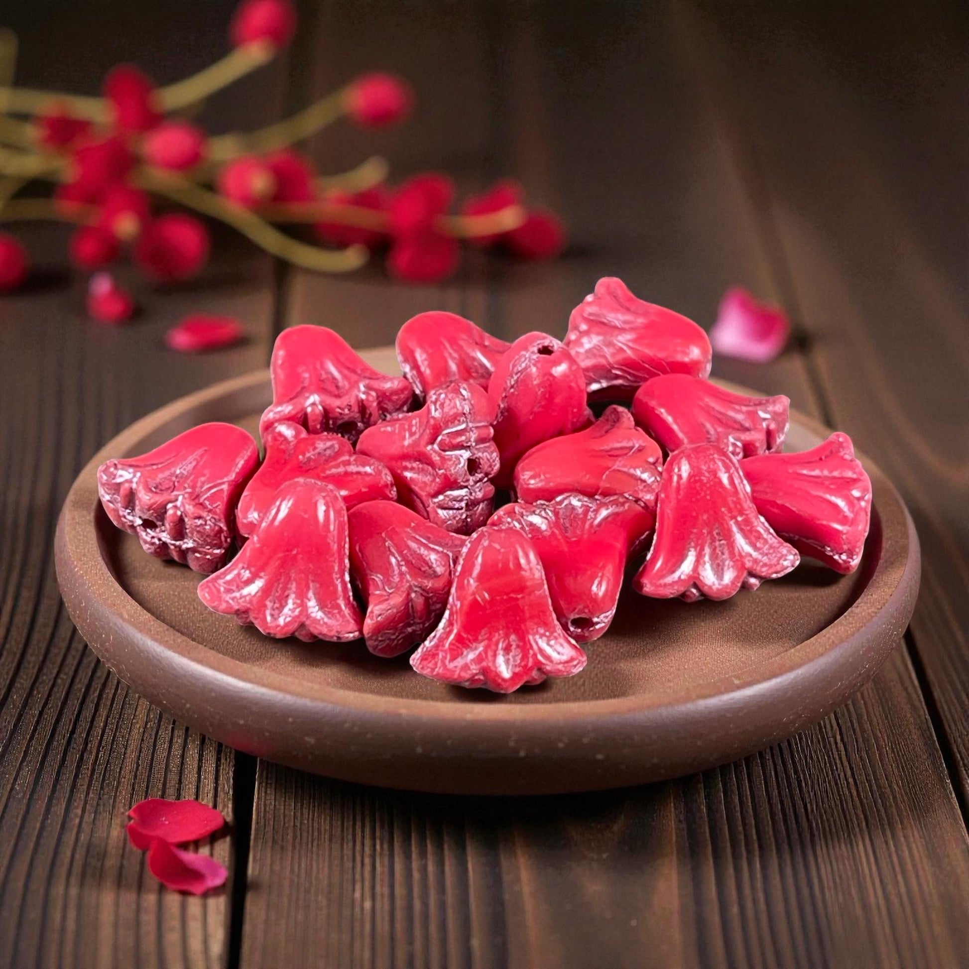 Czech Beads, 10mm Lily Flower, Coral Red with Pink Wash (Lily/RJ-5500) * Qty. 15