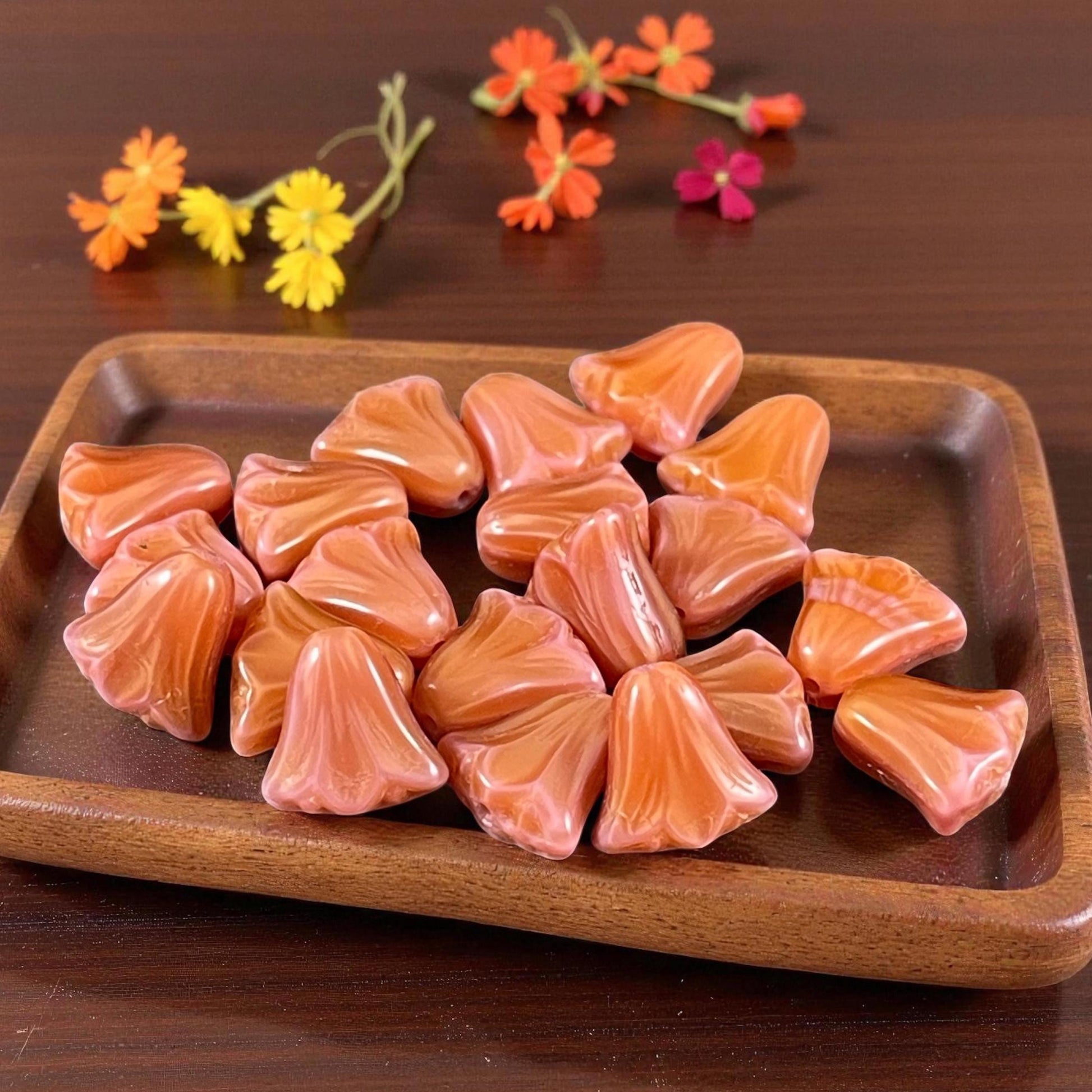 Czech Beads - 10mm Lily Flower, Peach Silk (FLL/RJ-1268) * Qty. 20