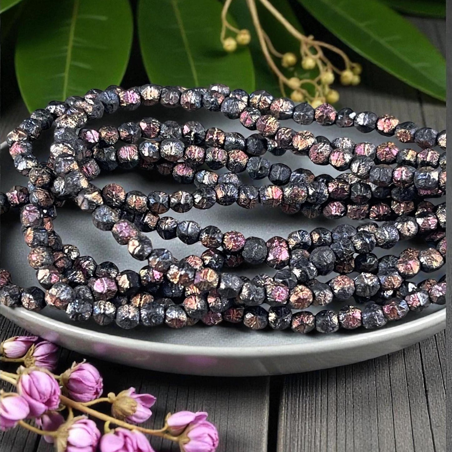 Czech Glass - 4mm English Cut, Etched Black with Volcano Finish (EC/N-2208) * Qty. 50