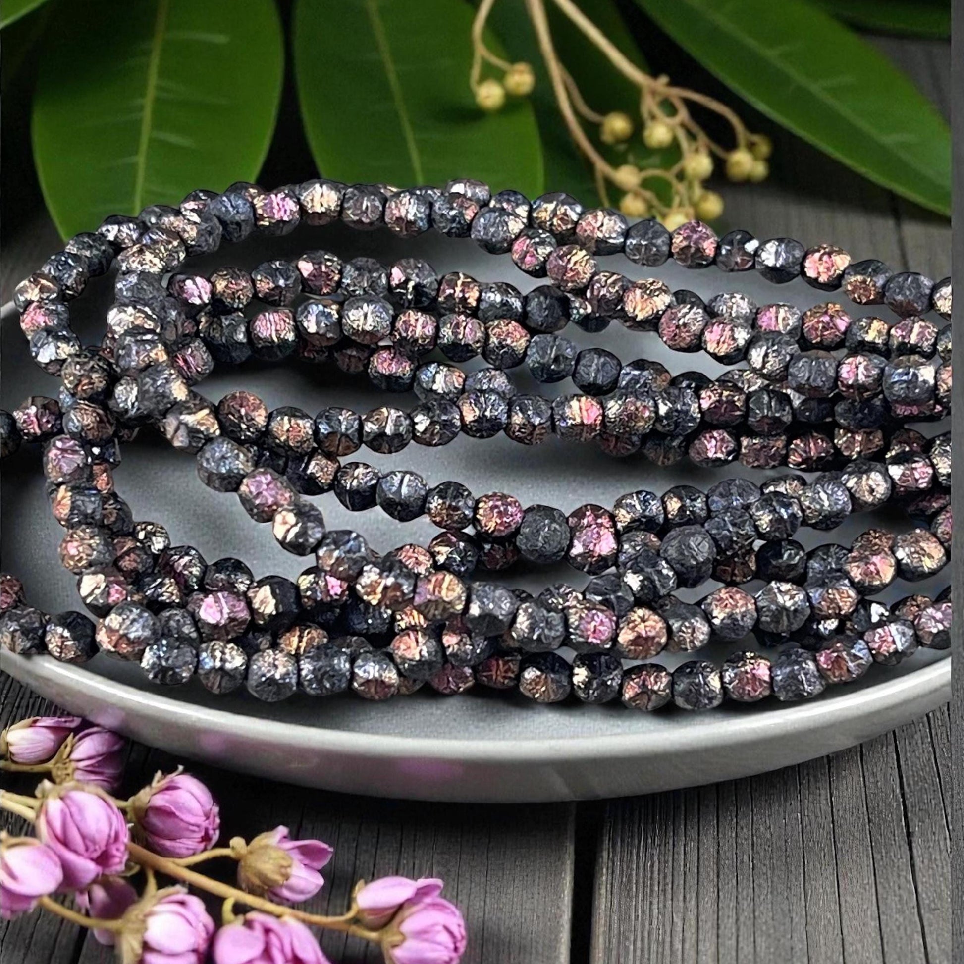 Czech Glass - 4mm English Cut, Etched Black with Volcano Finish (EC/N-2208) * Qty. 50
