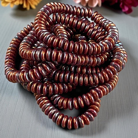 Czech Beads - 6x2mm Heishi Rondelle, Mahogany Red with Purple Blue Luster (DSC/RJ-4757) * Qty. 50