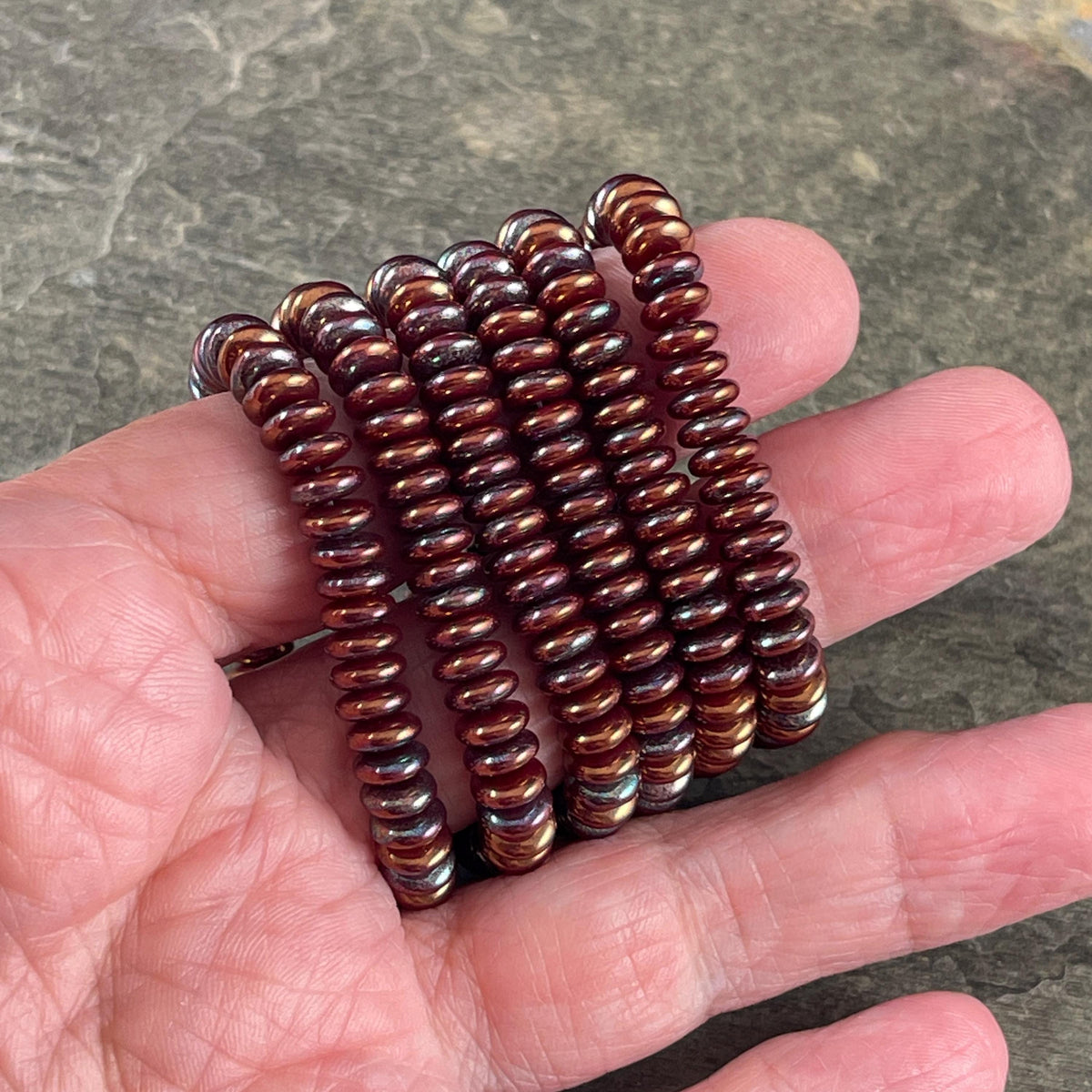 Czech Beads - 6x2mm Heishi Rondelle, Mahogany Red with Purple Blue Luster (DSC/RJ-4757) * Qty. 50