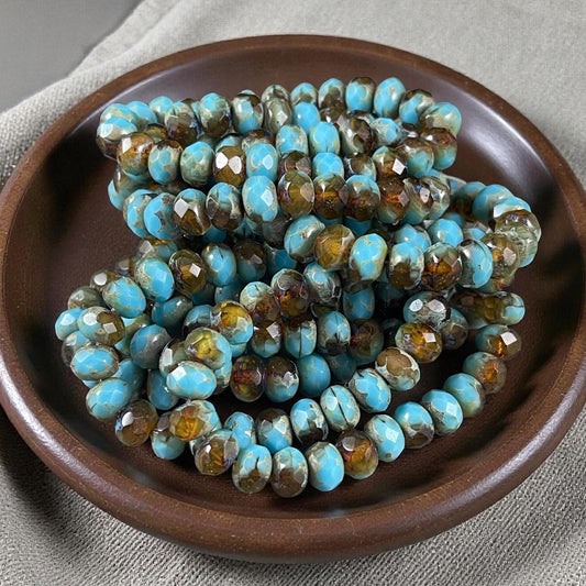 Czech Beads - 8x6mm Faceted Rondelle, Sky Blue and Topaz with Picasso (R8/RJ-1541) * 25 Beads