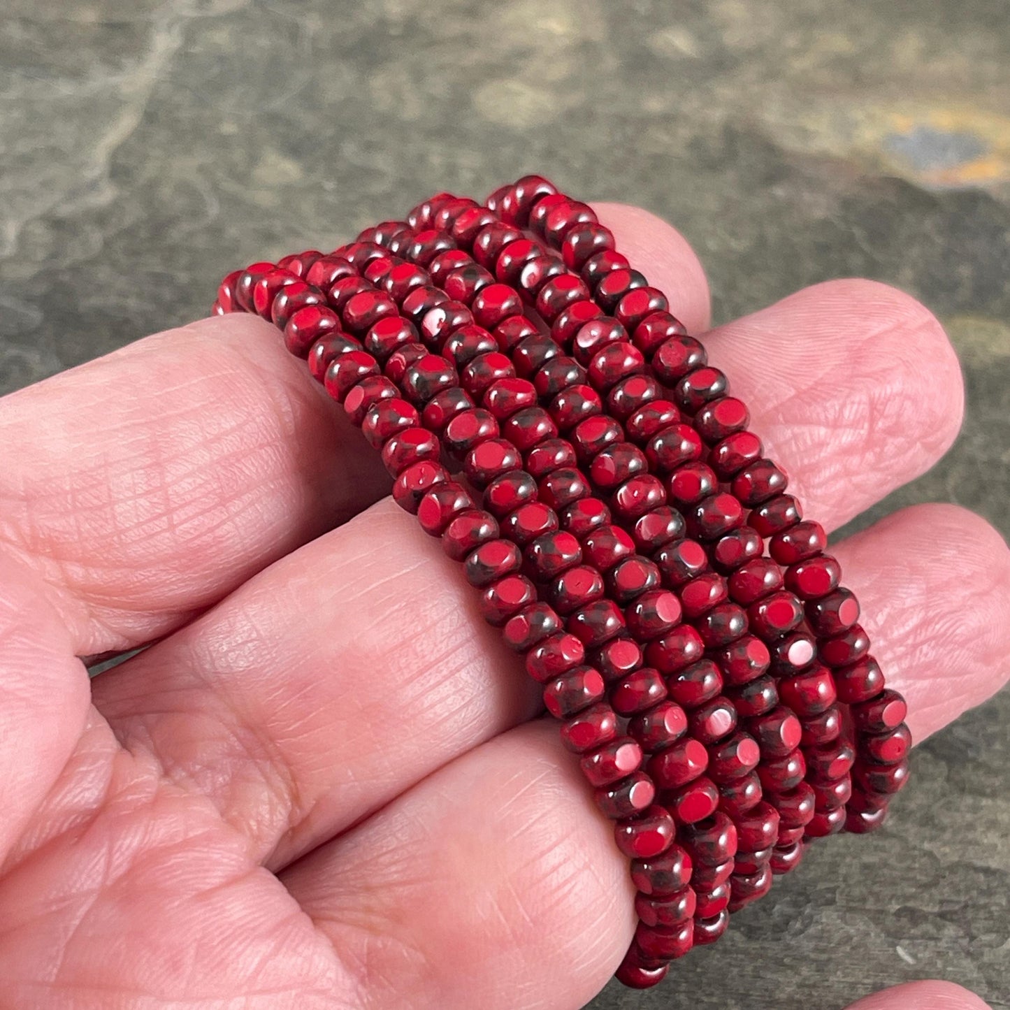 Czech Beads, 4x3mm Faceted Seed Beads, Opaque Red Picasso (TRICA/RJ-2782) * Qty. 50