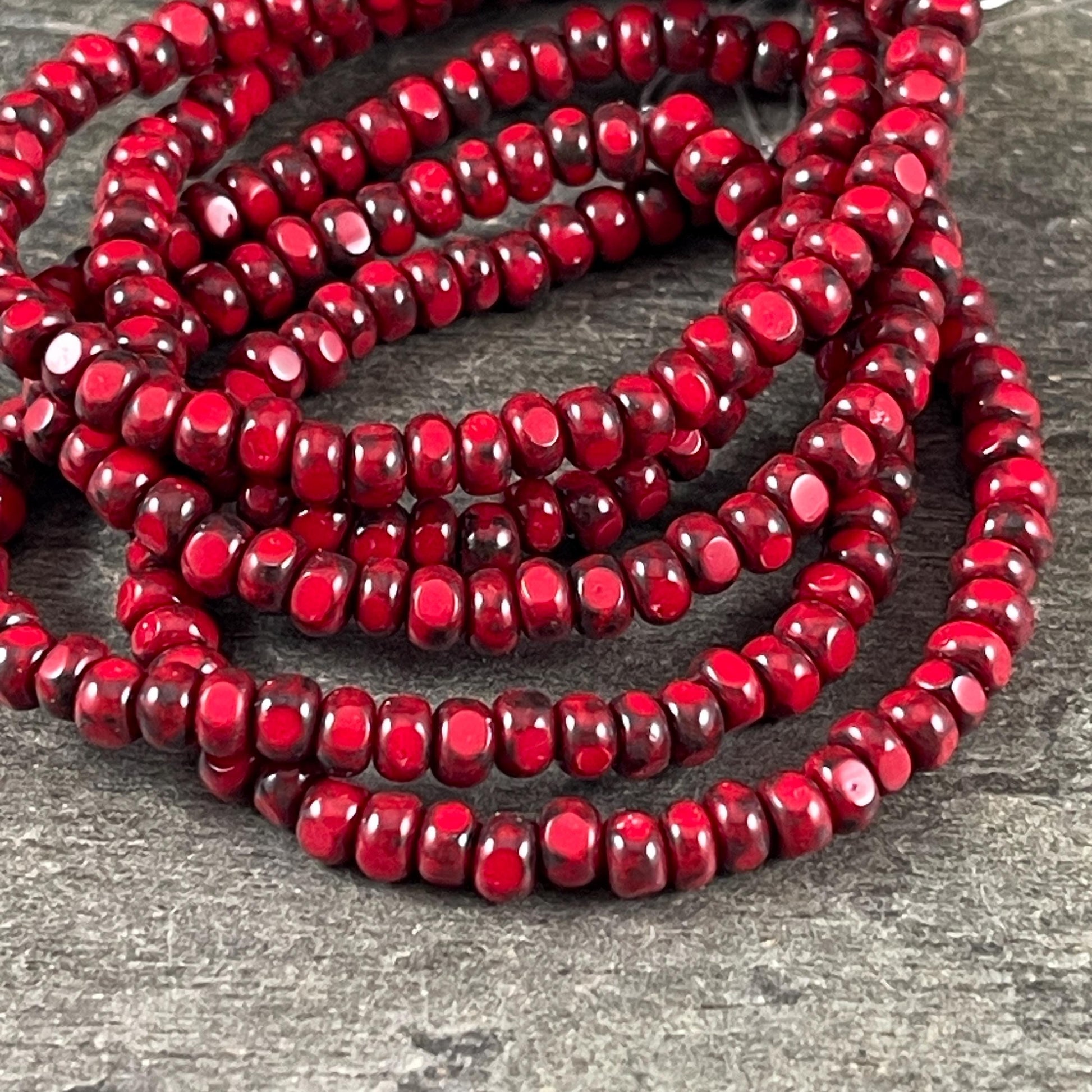 Czech Beads, 4x3mm Faceted Seed Beads, Opaque Red Picasso (TRICA/RJ-2782) * Qty. 50