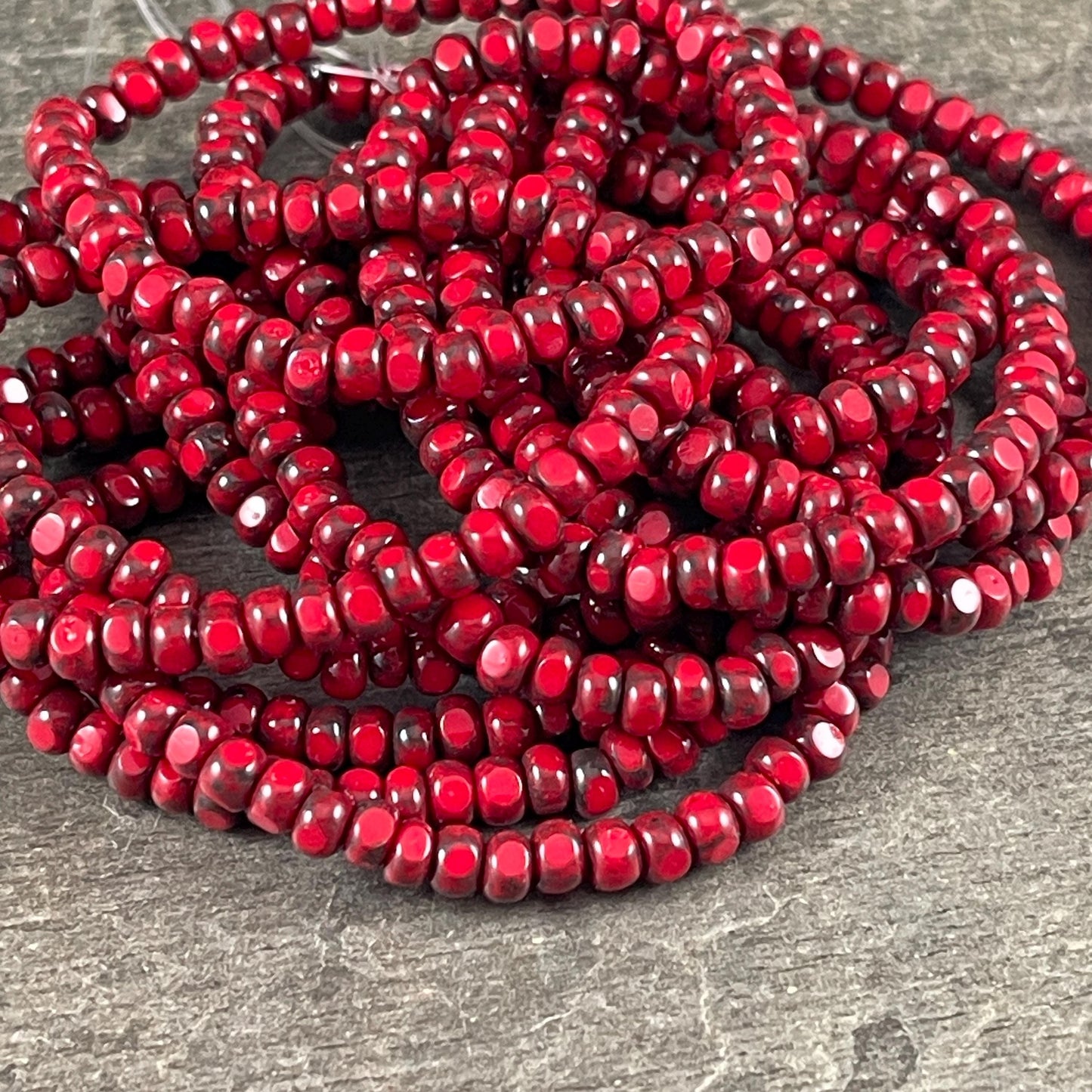 Czech Beads, 4x3mm Faceted Seed Beads, Opaque Red Picasso (TRICA/RJ-2782) * Qty. 50