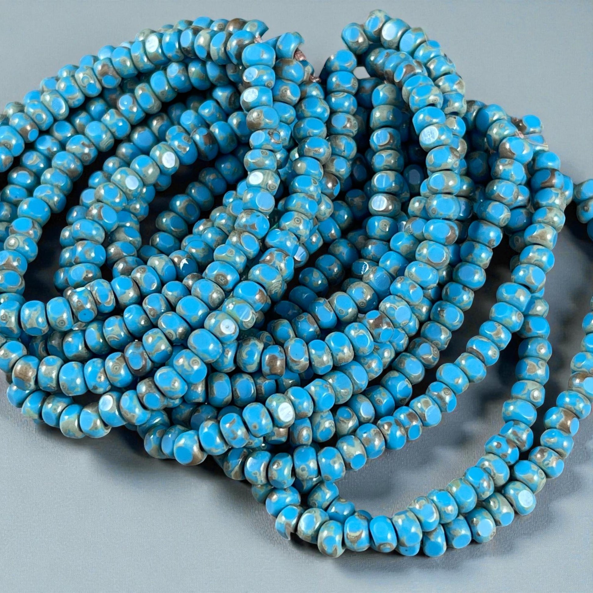 Czech Beads, 4x3mm Faceted Seed Beads, Dark Turquoise Blue Picasso (TRICA/RJ-2781) * Qty. 50