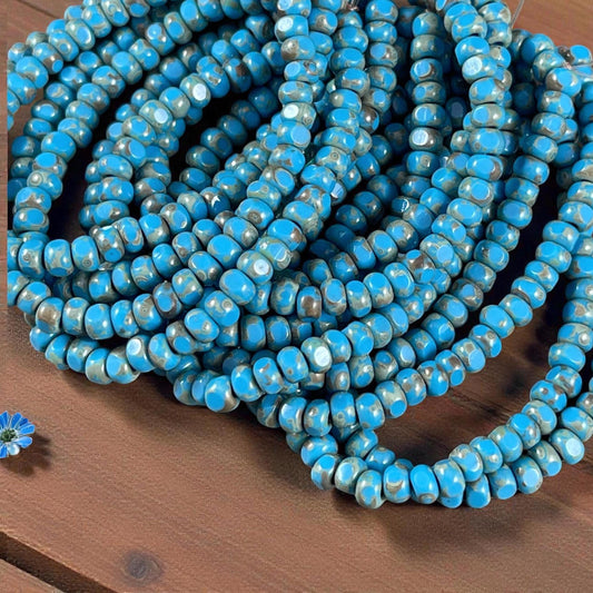Czech Beads, 4x3mm Faceted Seed Beads, Dark Turquoise Blue Picasso (TRICA/RJ-2781) * Qty. 50