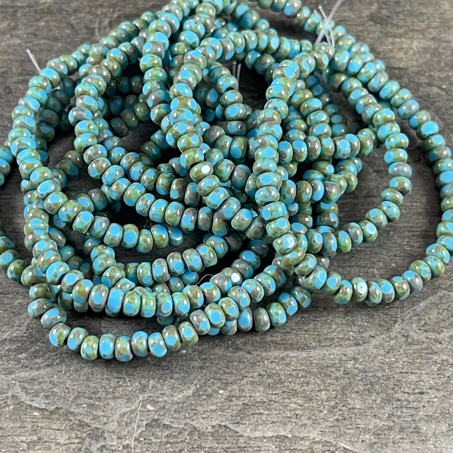Czech Beads, 3x2mm Faceted Seed Beads, Light Turquoise Blue Picasso (TRICA/RJ-2444) * Qty. 50