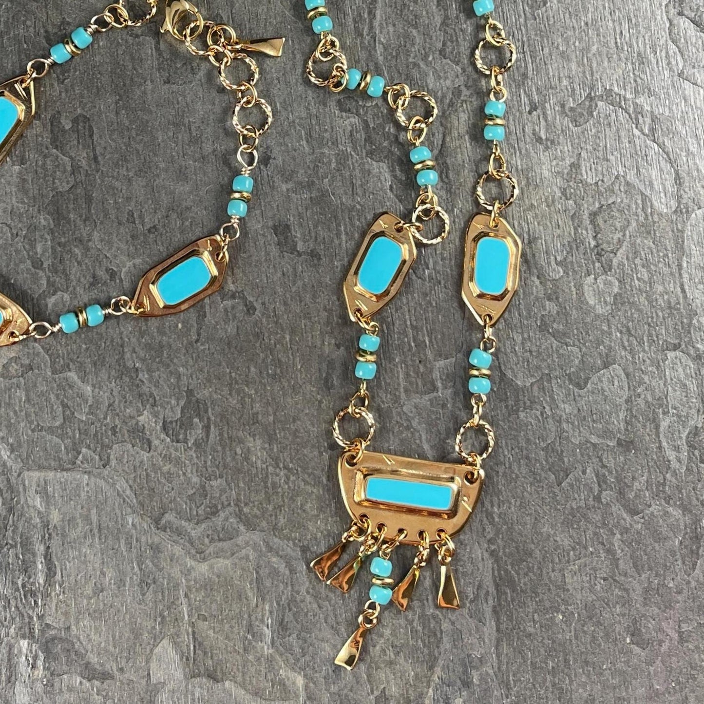24k Gold Plated Half Circle Connector with Light Turquoise Blue Enamel Inlay (PF/15295-13-0299) * Qty. 1