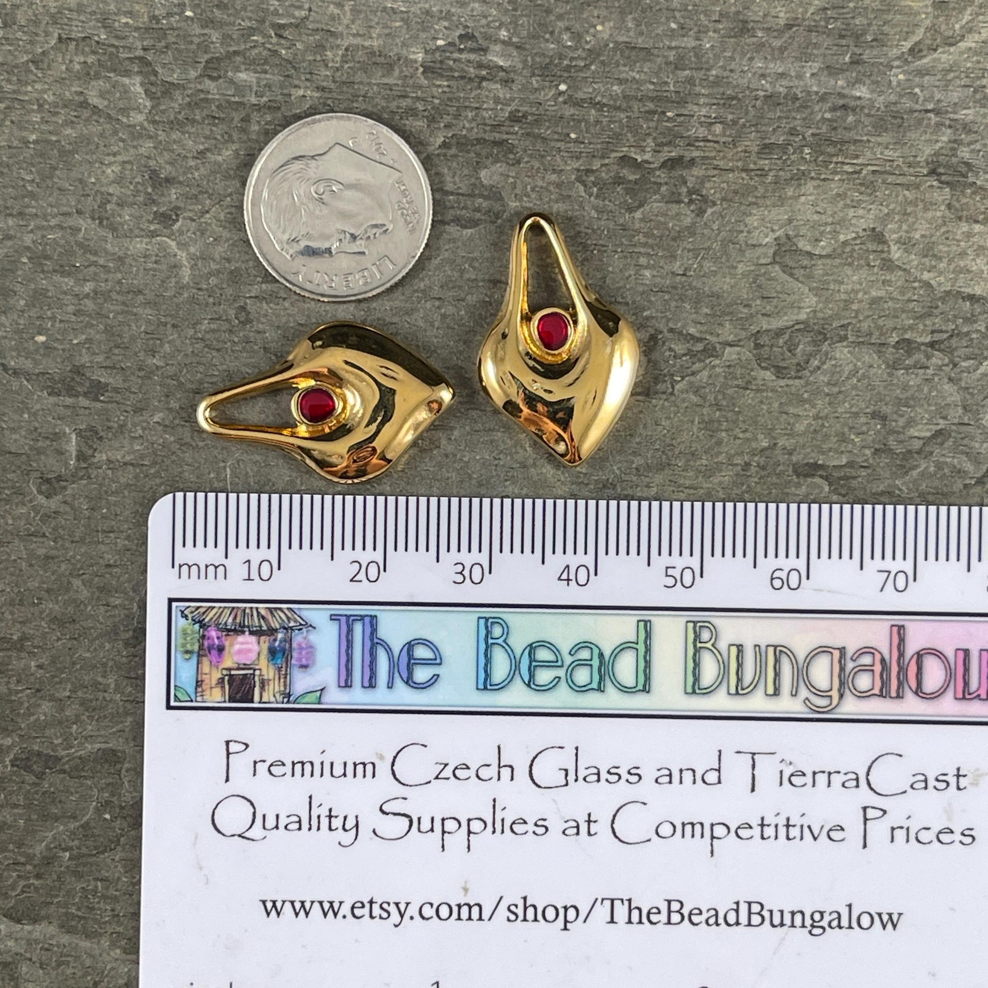 24k Gold Plated Heart Shaped Charm - 24.5x15.5mm Drop with Red Enamel Center (PF/15302-13-560) * Qty. 4