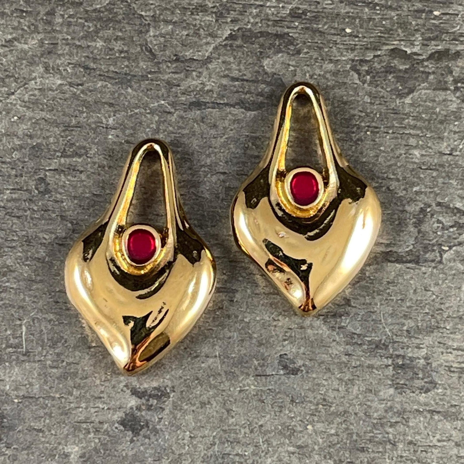 24k Gold Plated Heart Shaped Charm - 24.5x15.5mm Drop with Red Enamel Center (PF/15302-13-560) * Qty. 4