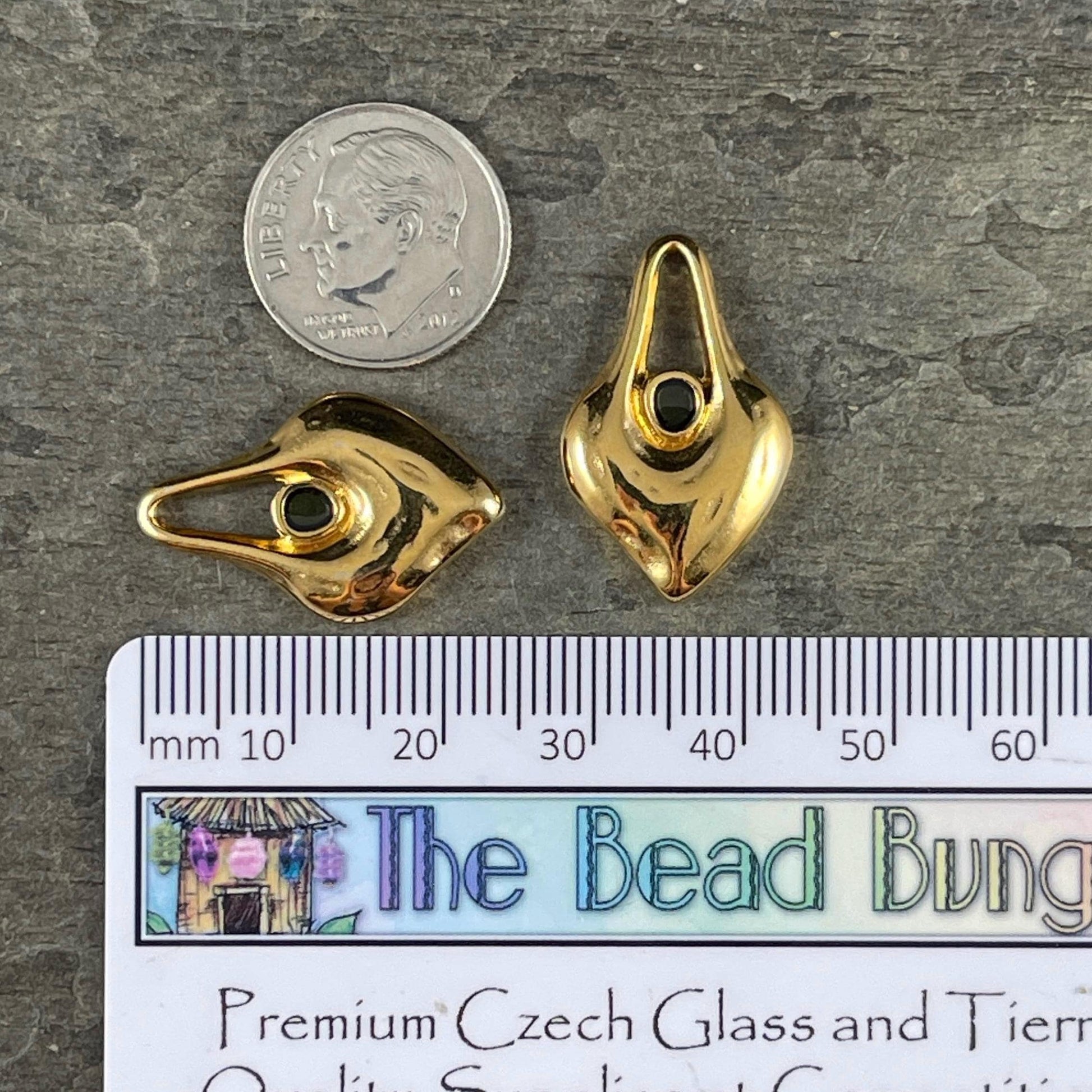 24k Gold Plated Heart Shaped Charm - 24.5x15.5mm Drop with Black Enamel Center (PF/15302-13-0565) * Qty. 4