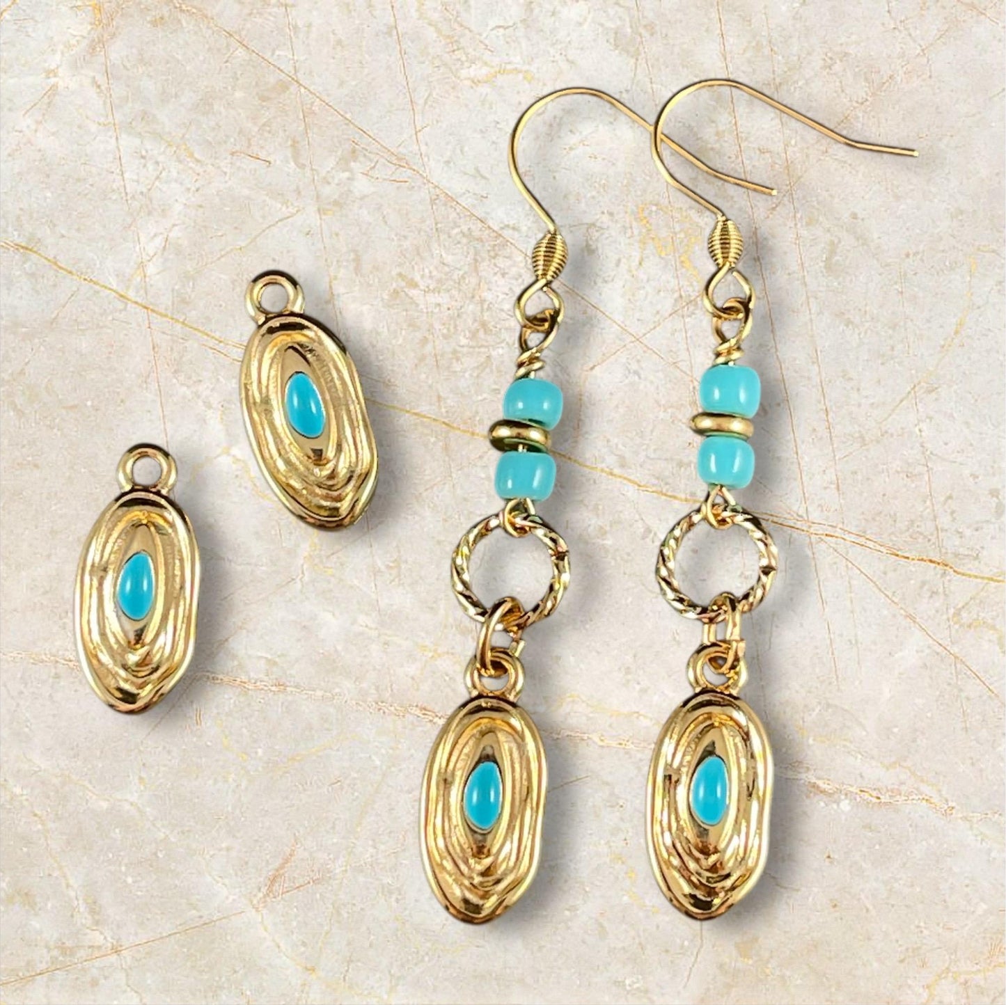 24k Gold Plated 18x8mm Oval Charm with Blue Enamel Center (PF/15313-13-0299) * Qty. 4