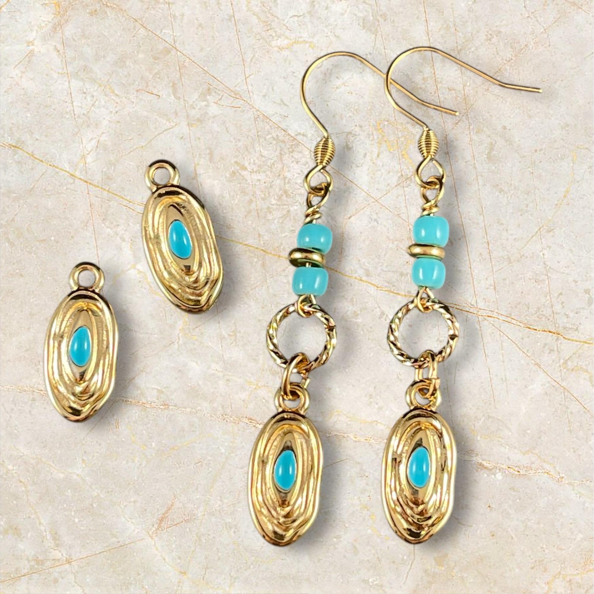 24k Gold Plated 18x8mm Oval Charm with Blue Enamel Center (PF/15313-13-0299) * Qty. 4