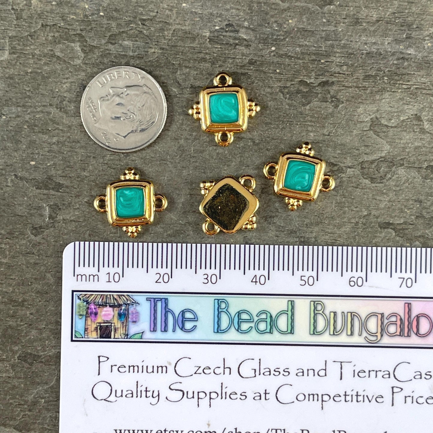 24k Gold Plated 15mm Square Link with Green Pearl Enamel Inlay (PF/14239-13-0815) * Qty. 6