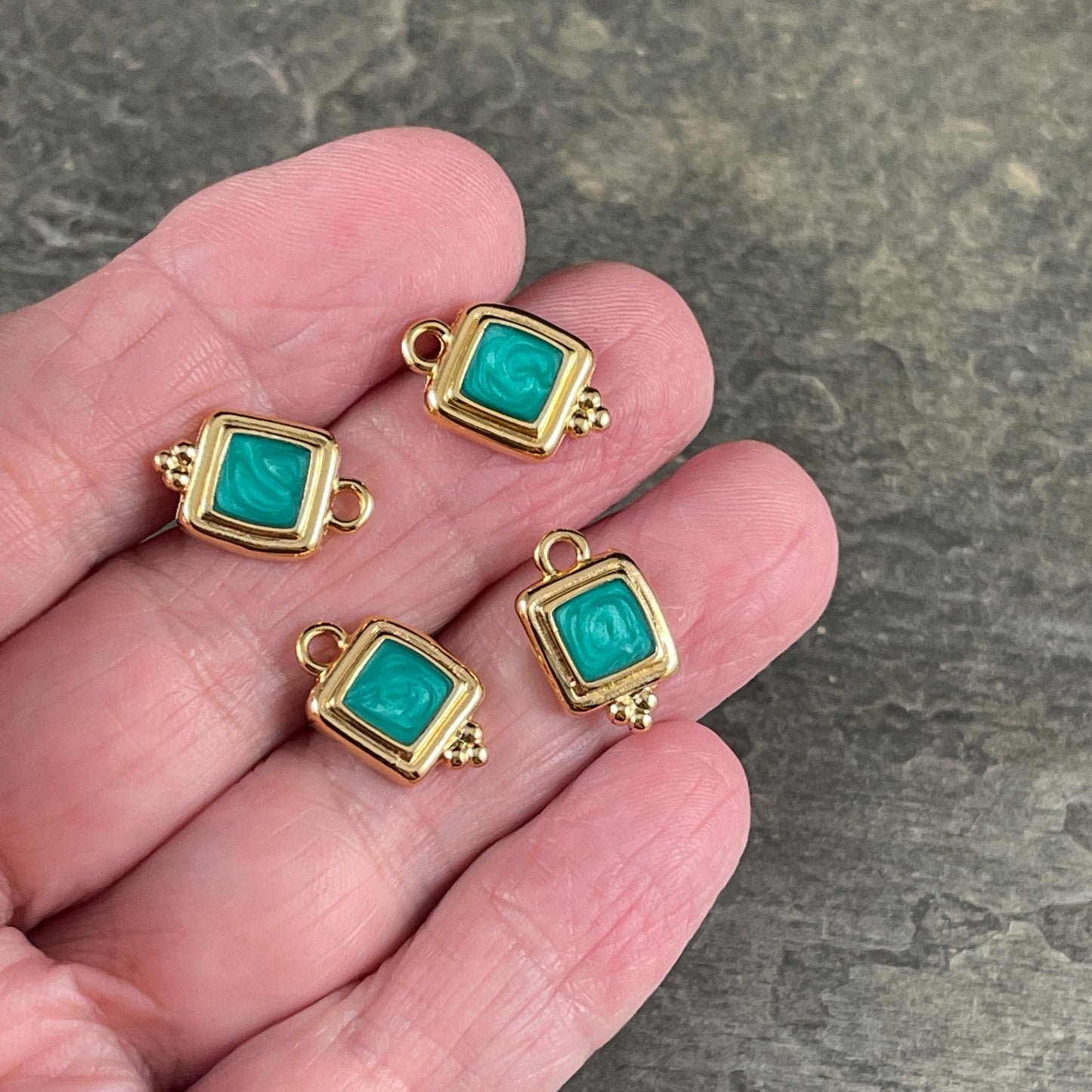 24k Gold Plated 15mm Square Charm with Green Pearl Enamel Inlay (PF/14241-13-0815) * Qty. 6