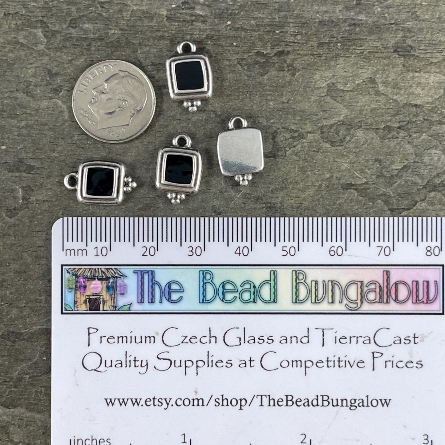 Antiqued Silver Plated 15mm Square Charm with Black Enamel Inlay (PF/14241-72-0222) * Qty. 6