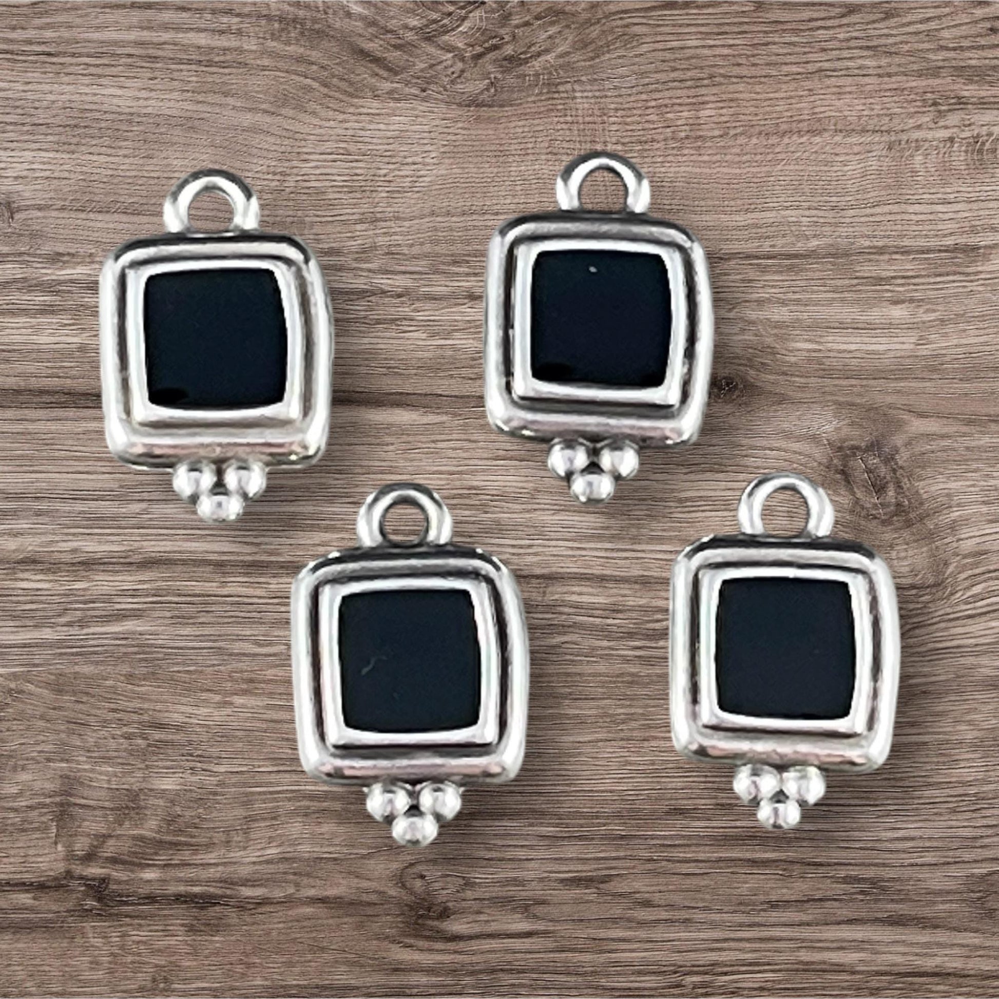 Antiqued Silver Plated 15mm Square Charm with Black Enamel Inlay (PF/14241-72-0222) * Qty. 6