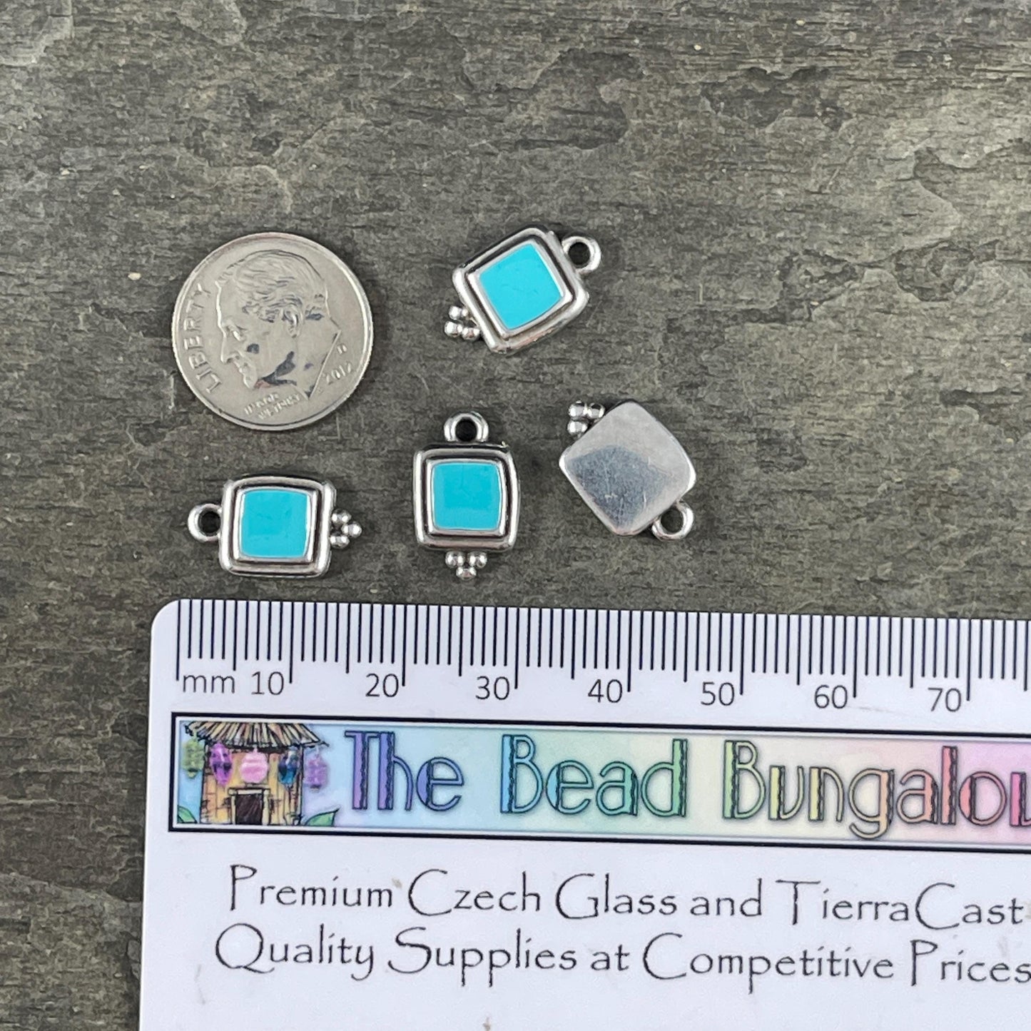 Antiqued Silver Plated 15mm Square Charm with Turquoise Blue Enamel Inlay (PF/14241-72-0299) * Qty. 6