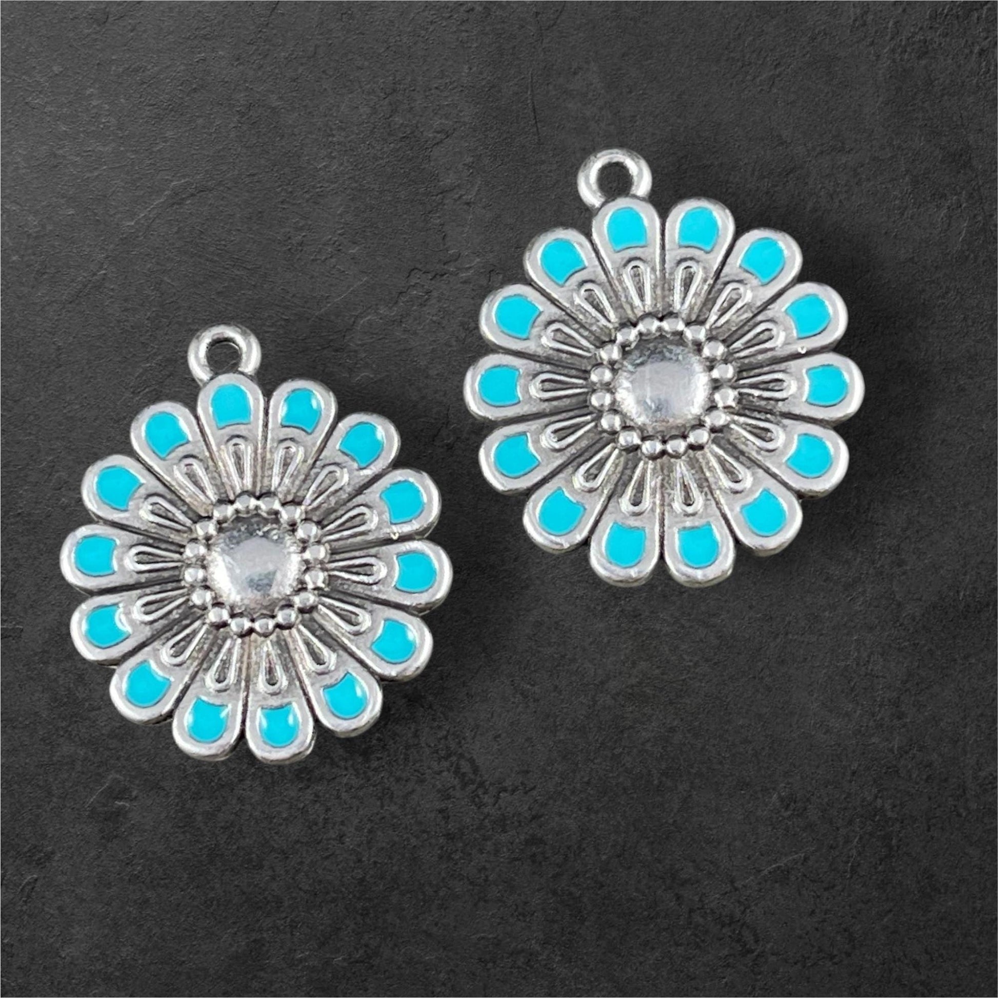 Antiqued Silver Plated Flower Pendant with Turquoise Blue Enamel Accent (PF/14358-72-0299) * Qty. 2