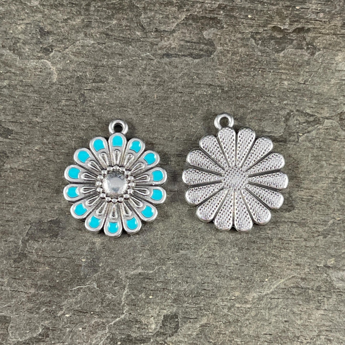 Antiqued Silver Plated Flower Pendant with Turquoise Blue Enamel Accent (PF/14358-72-0299) * Qty. 2