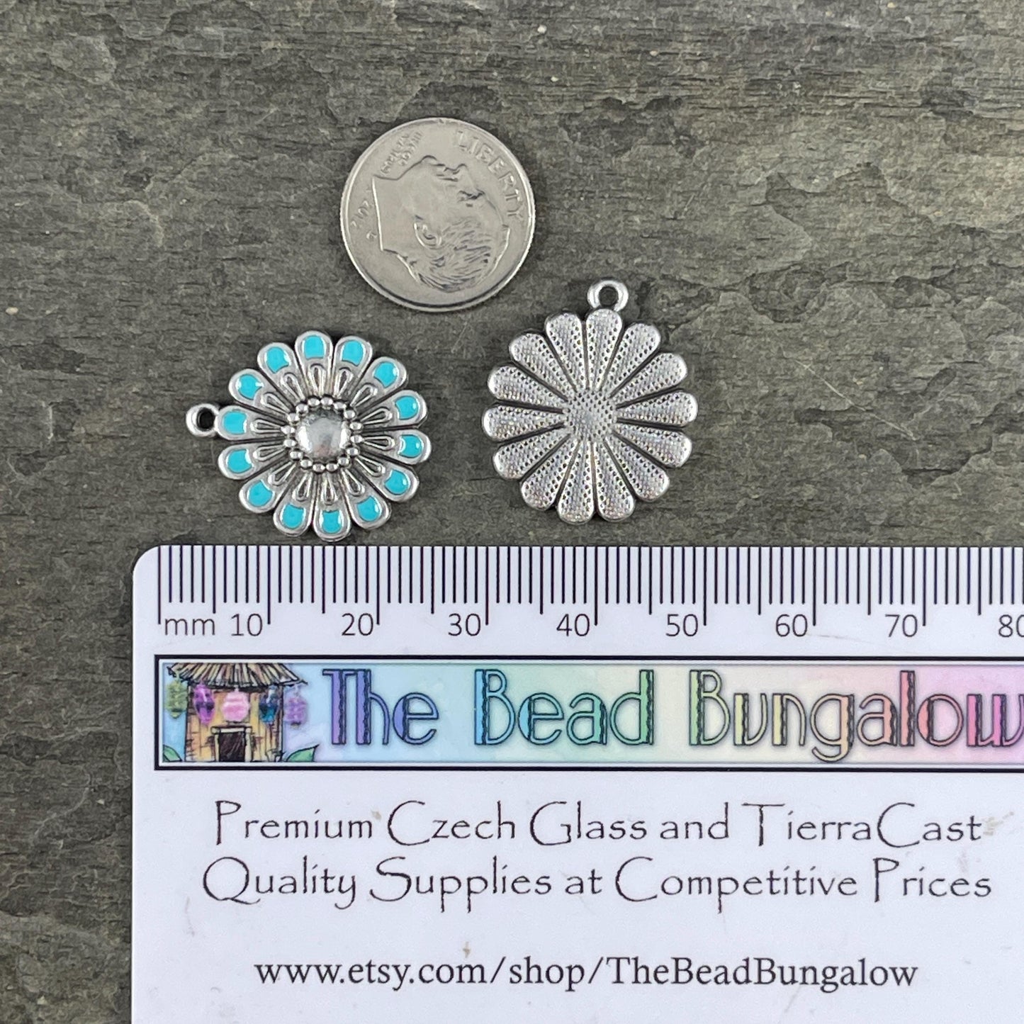 Antiqued Silver Plated Flower Pendant with Turquoise Blue Enamel Accent (PF/14358-72-0299) * Qty. 2