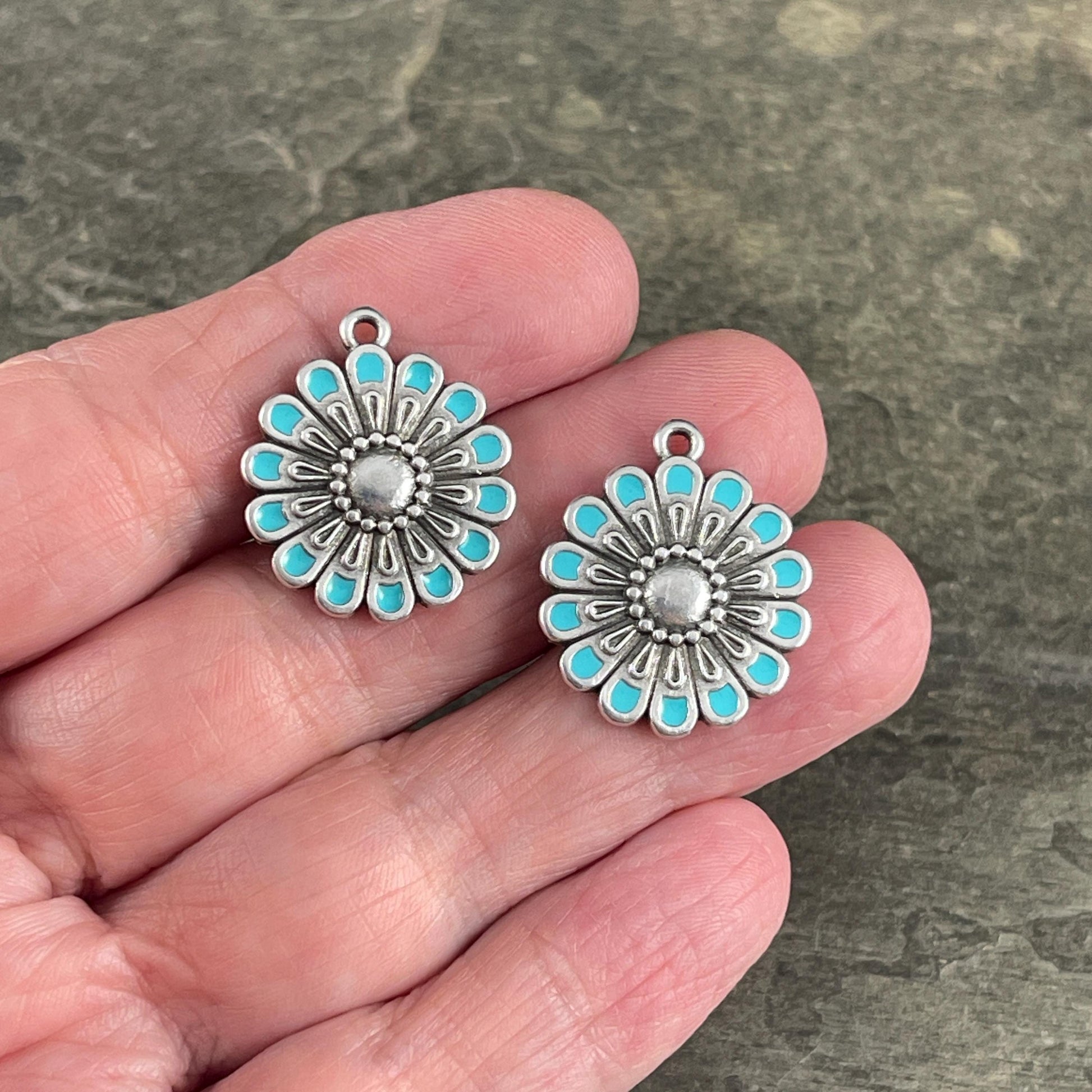 Antiqued Silver Plated Flower Pendant with Turquoise Blue Enamel Accent (PF/14358-72-0299) * Qty. 2