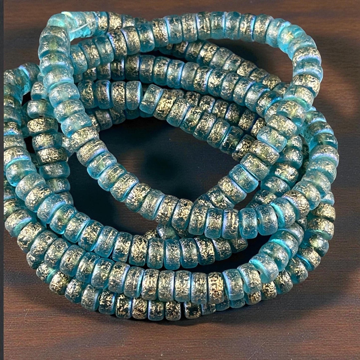 Czech Glass Beads, 6mm Heishi, Etched Aqua Blue with AB and Gold Wash (HSH/N-1939) * 50 Beads