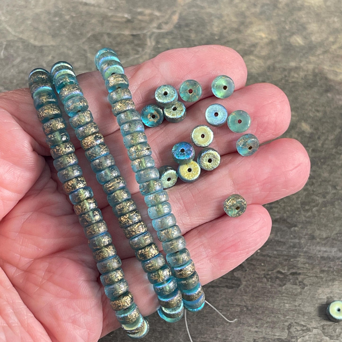Czech Glass Beads, 6mm Heishi, Etched Aqua Blue with AB and Gold Wash (HSH/N-1939) * 50 Beads