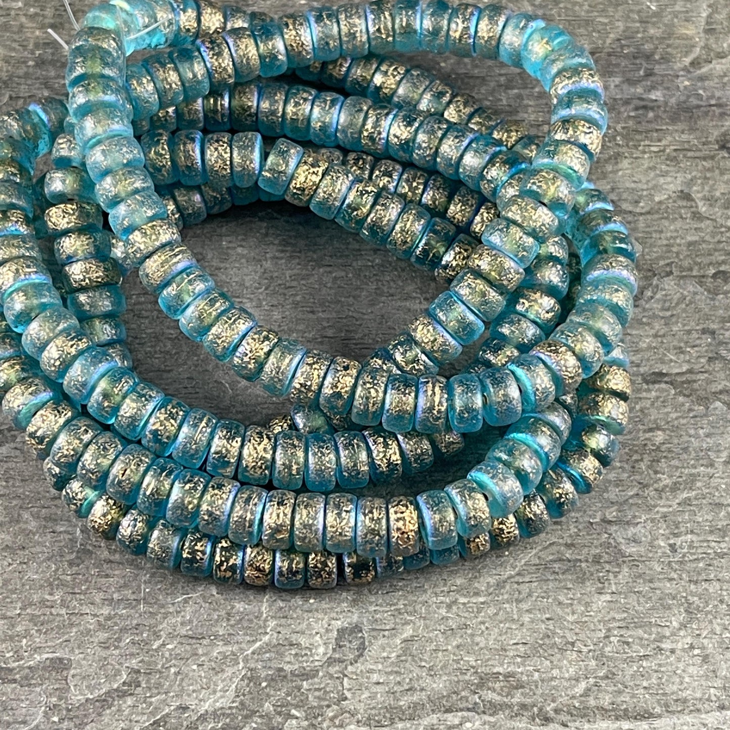 Czech Glass Beads, 6mm Heishi, Etched Aqua Blue with AB and Gold Wash (HSH/N-1939) * 50 Beads