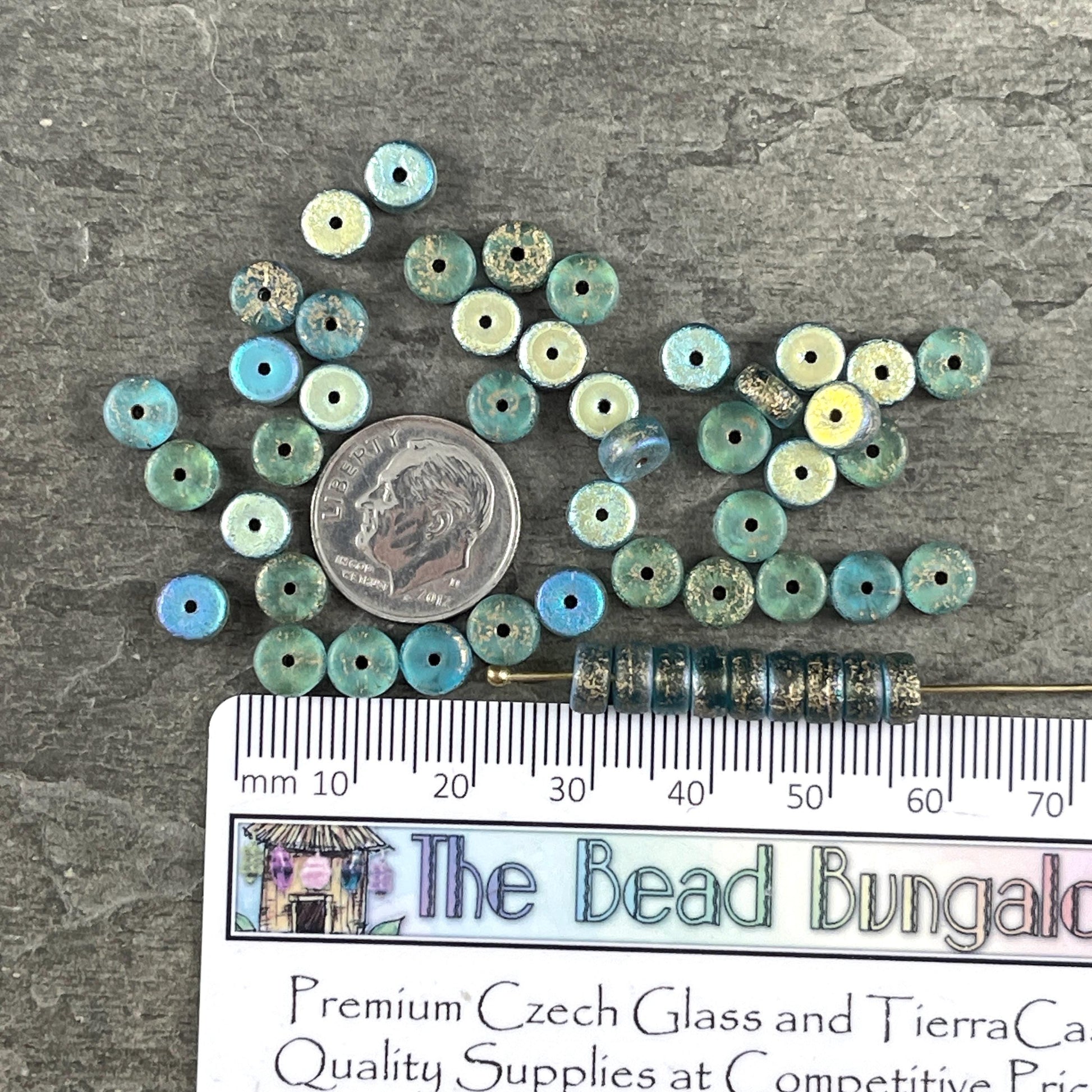 Czech Glass Beads, 6mm Heishi, Etched Aqua Blue with AB and Gold Wash (HSH/N-1939) * 50 Beads