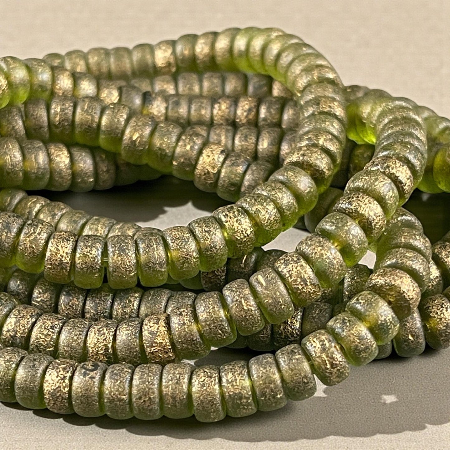 Czech Glass Beads, 6mm Heishi, Etched Peridot Green with Gold Wash (HSH/N-1935) * 50 Beads