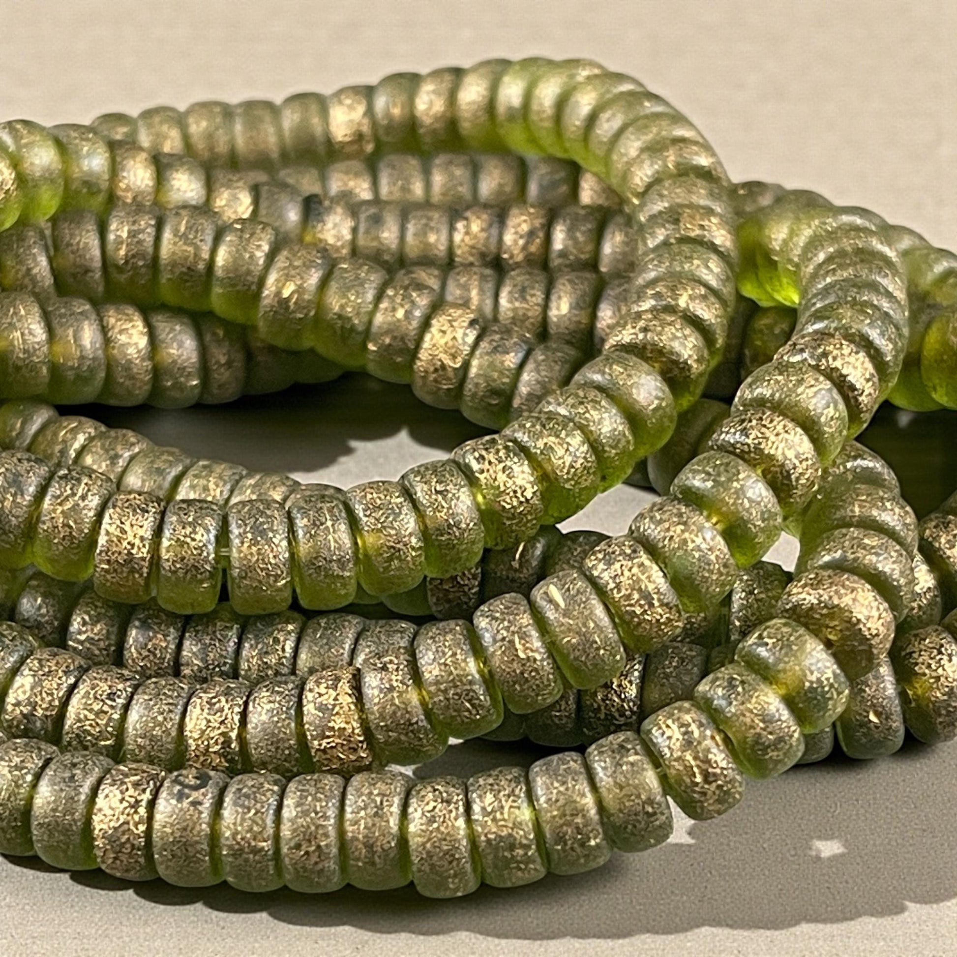 Czech Glass Beads, 6mm Heishi, Etched Peridot Green with Gold Wash (HSH/N-1935) * 50 Beads