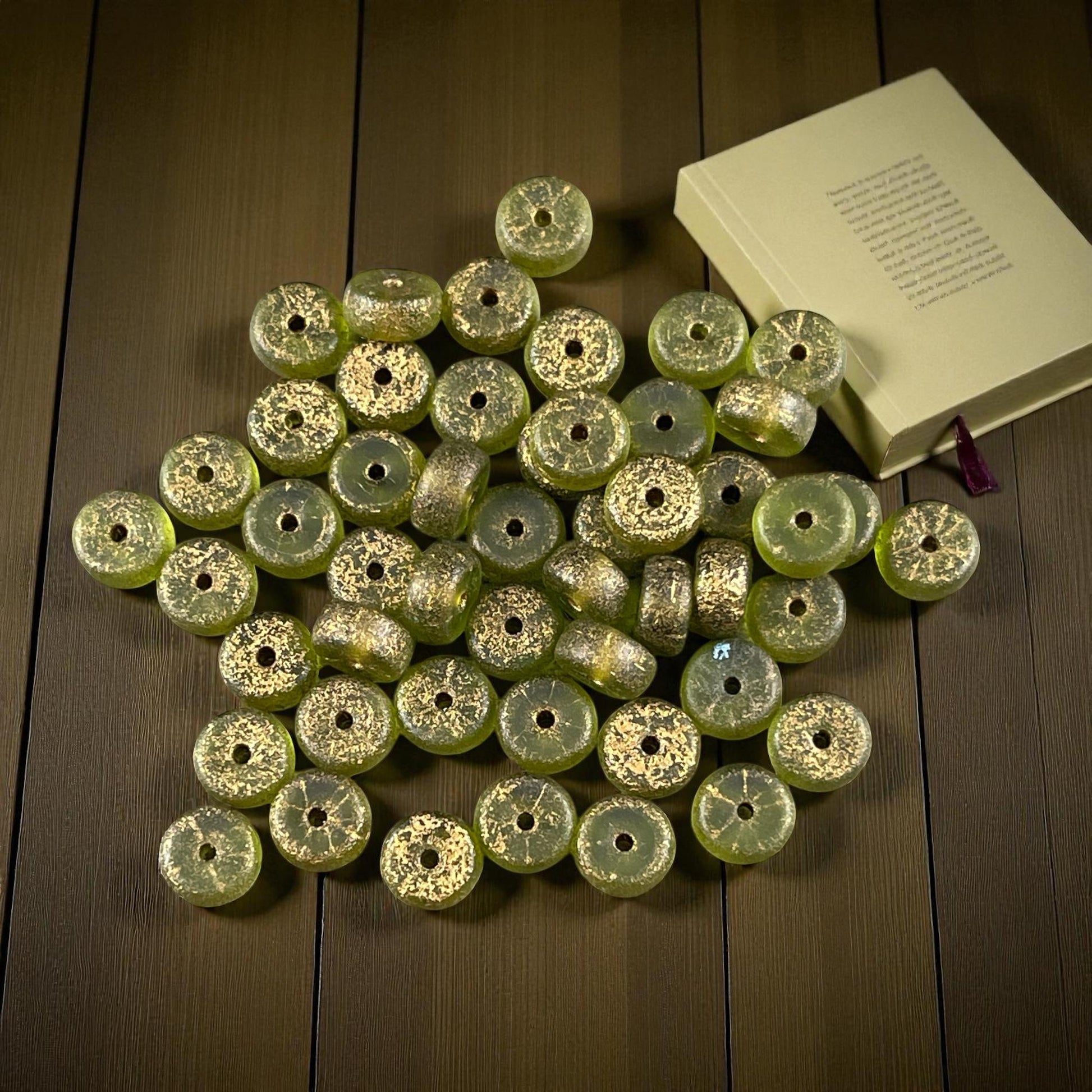 Czech Glass Beads, 6mm Heishi, Etched Peridot Green with Gold Wash (HSH/N-1935) * 50 Beads