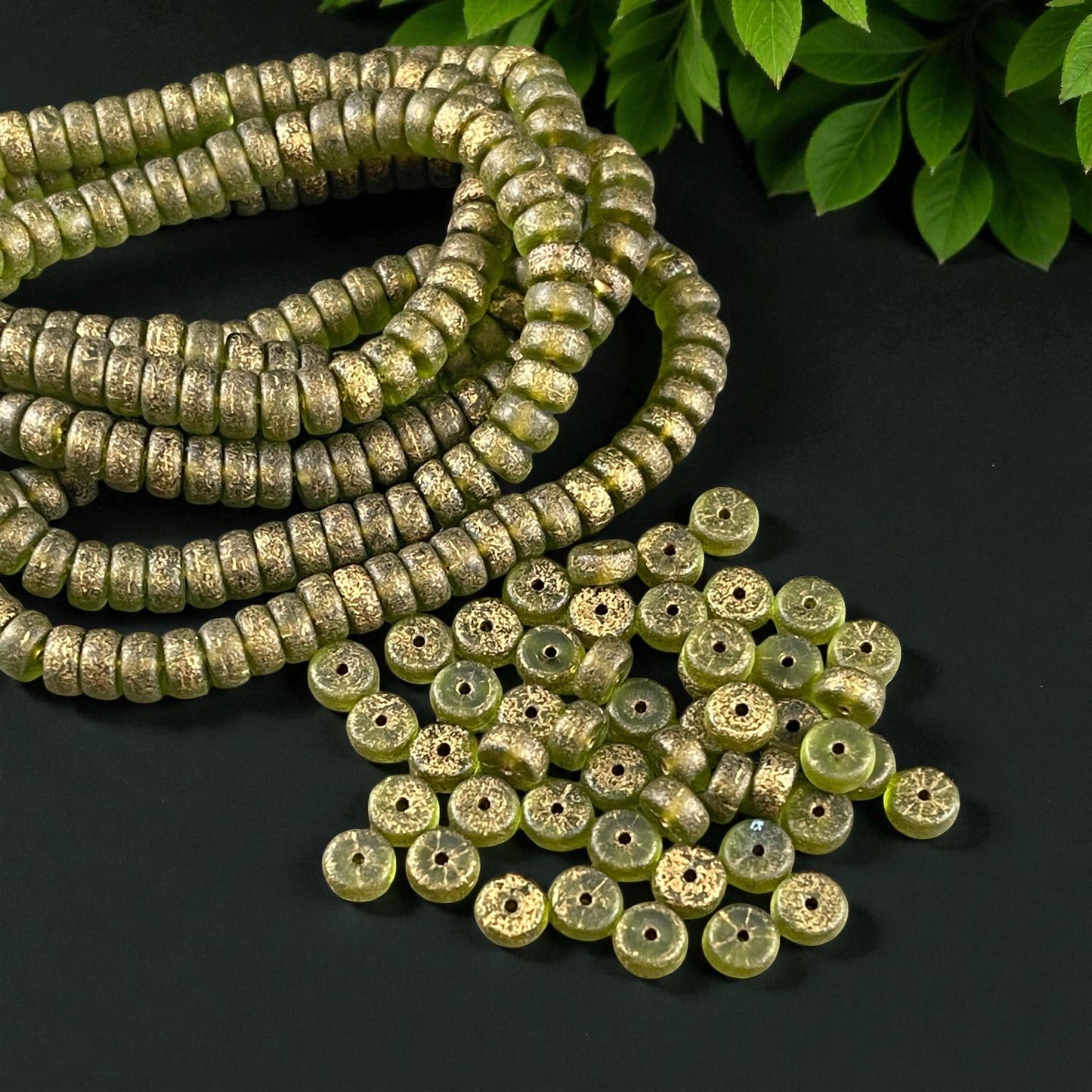 Czech Glass Beads, 6mm Heishi, Etched Peridot Green with Gold Wash (HSH/N-1935) * 50 Beads