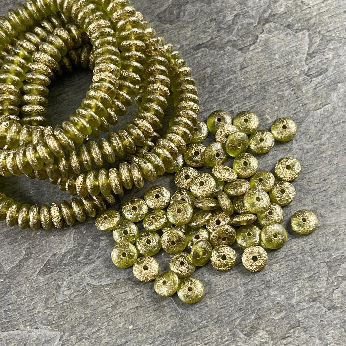 Czech Beads - 6x2mm Heishi Rondelle, Etched Peridot Green with Gold Finish (DSC/N-1797) * 50 Beads