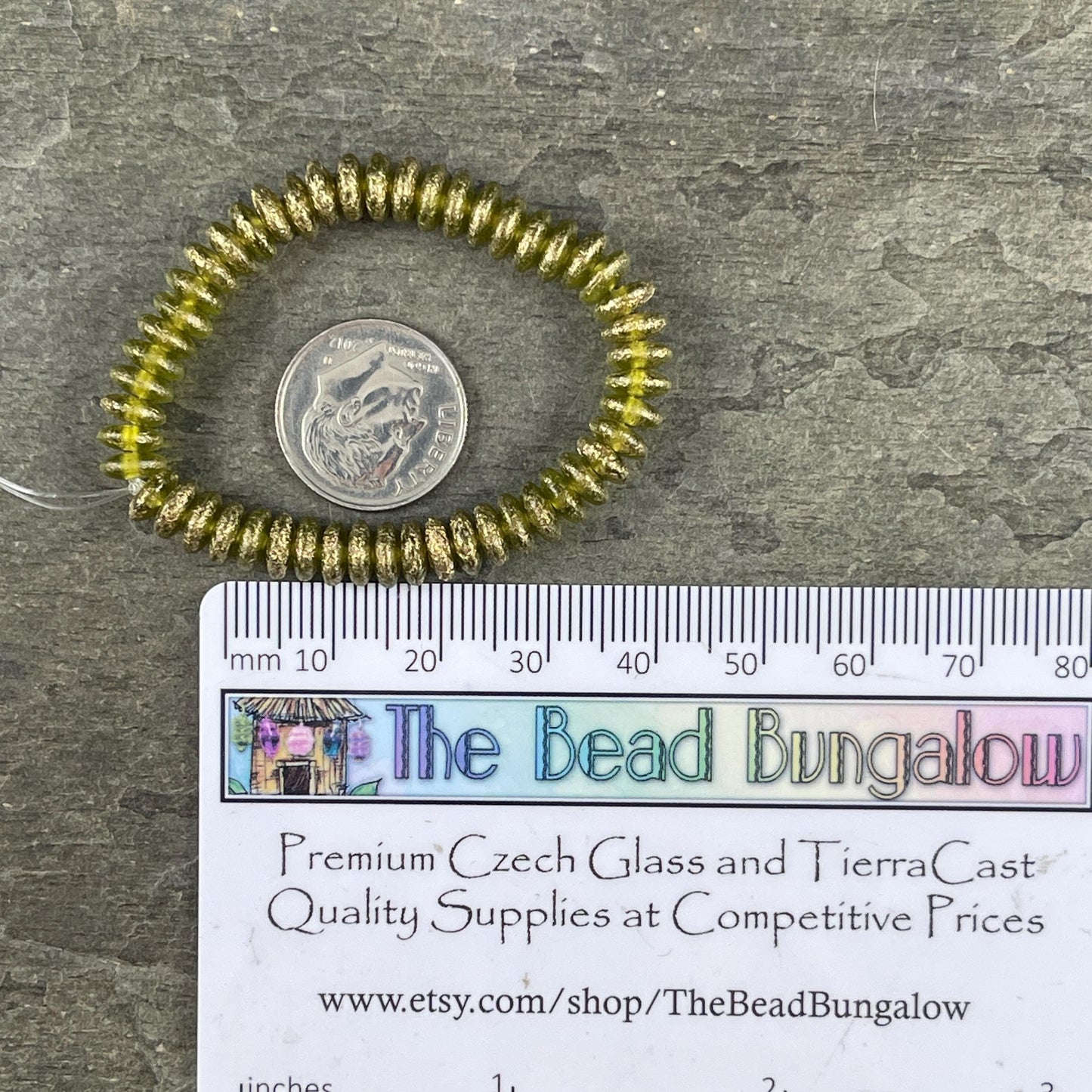 Czech Beads - 6x2mm Heishi Rondelle, Etched Peridot Green with Gold Finish (DSC/N-1797) * 50 Beads