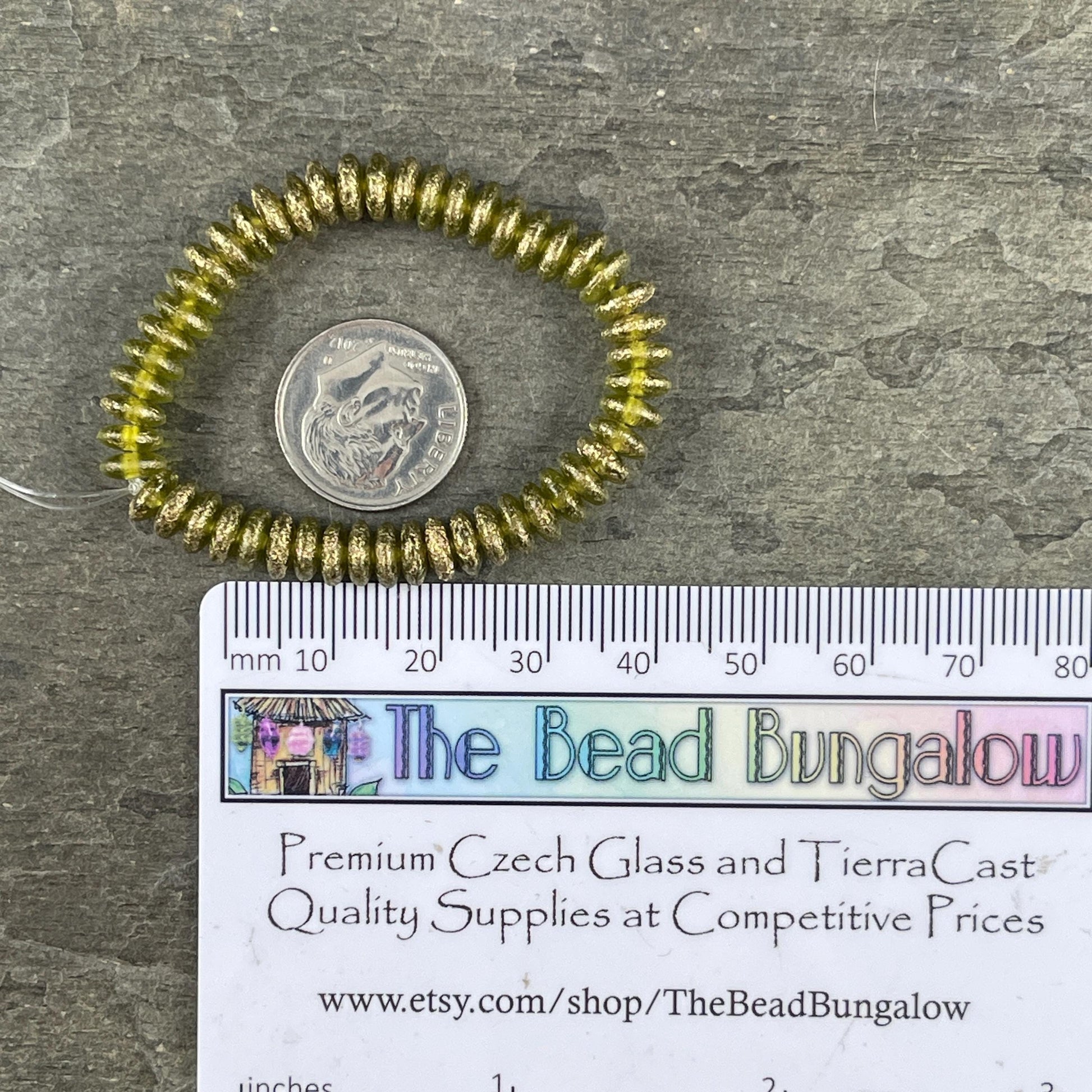 Czech Beads - 6x2mm Heishi Rondelle, Etched Peridot Green with Gold Finish (DSC/N-1797) * 50 Beads