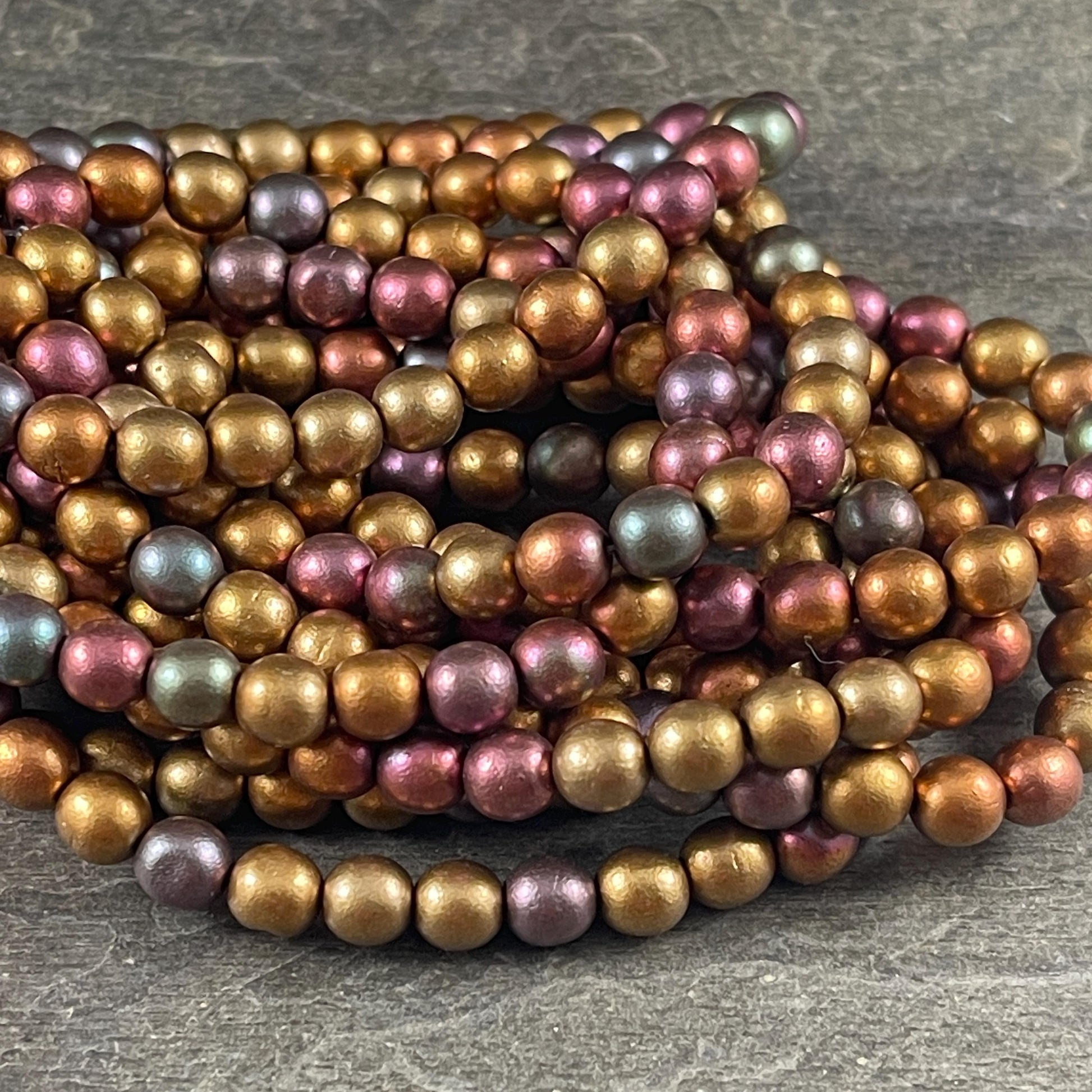 Czech Glass Beads - 6mm Round Druk, Metallic Mix, Gold Green, Copper (D6/N-083) * Qty. 30