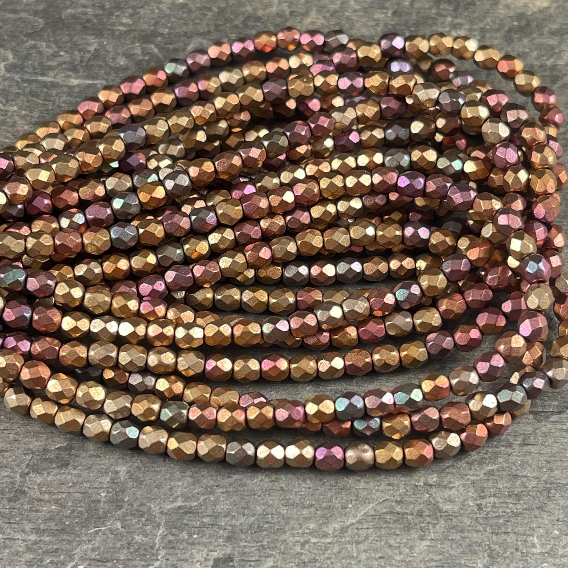 Czech Glass Beads - 4mm Faceted Round, Metallic Mix, Gold, Green, Copper (FP4/N-107) * Qty. 50