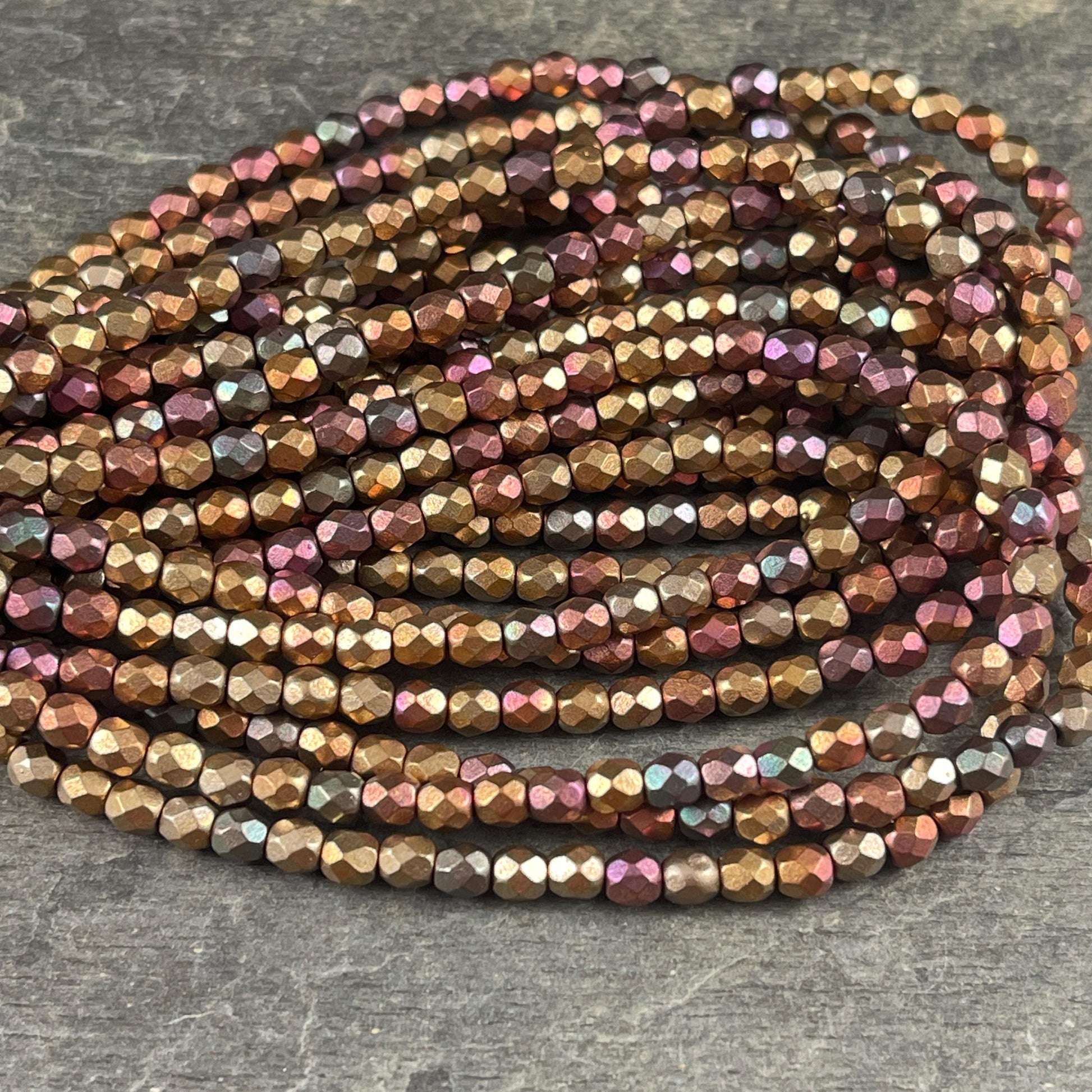 Czech Glass Beads - 4mm Faceted Round, Metallic Mix, Gold, Green, Copper (FP4/N-107) * Qty. 50