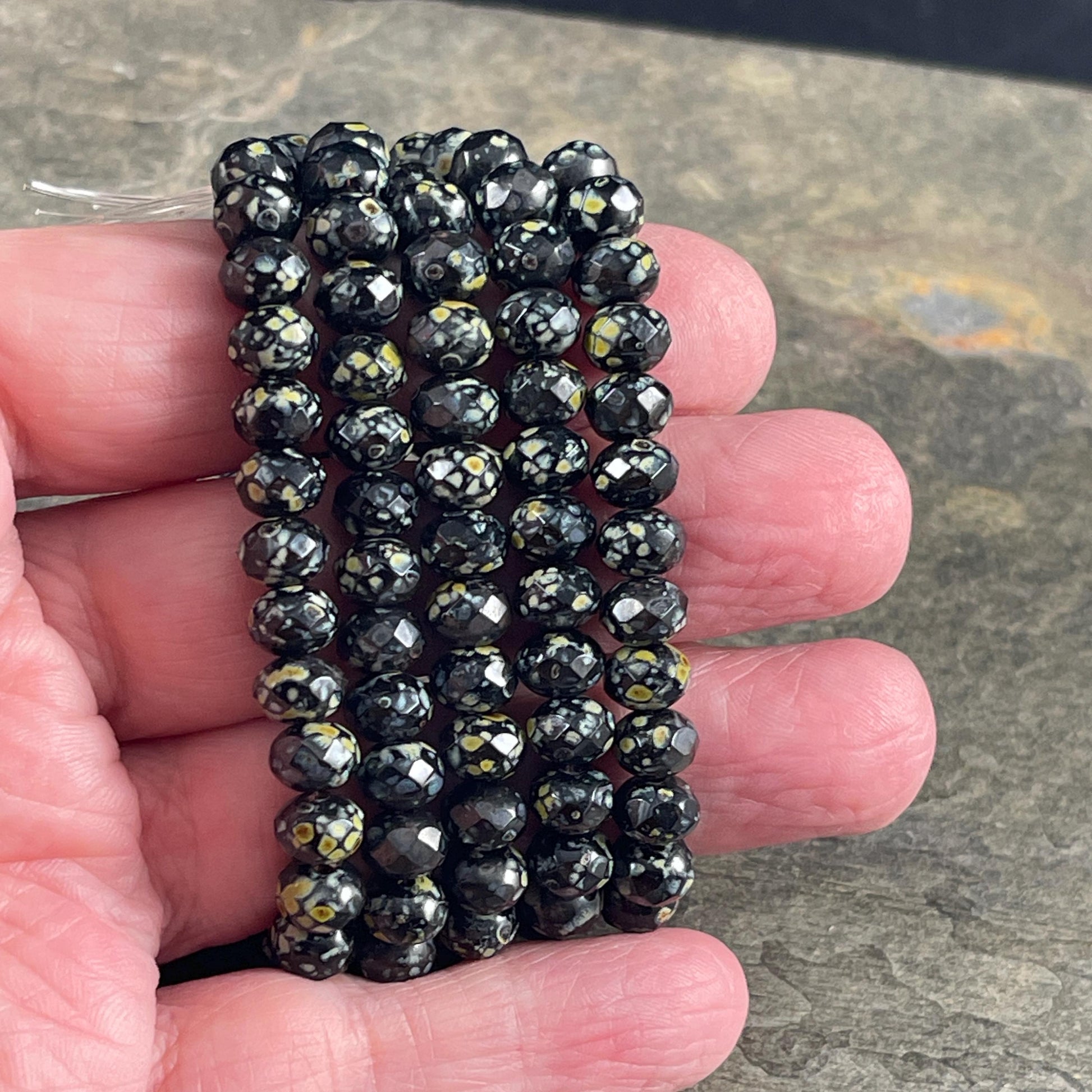 Czech Glass - 7x5mm Faceted Rondelle, Black Picasso (R7/N-1409) * Qty. 25