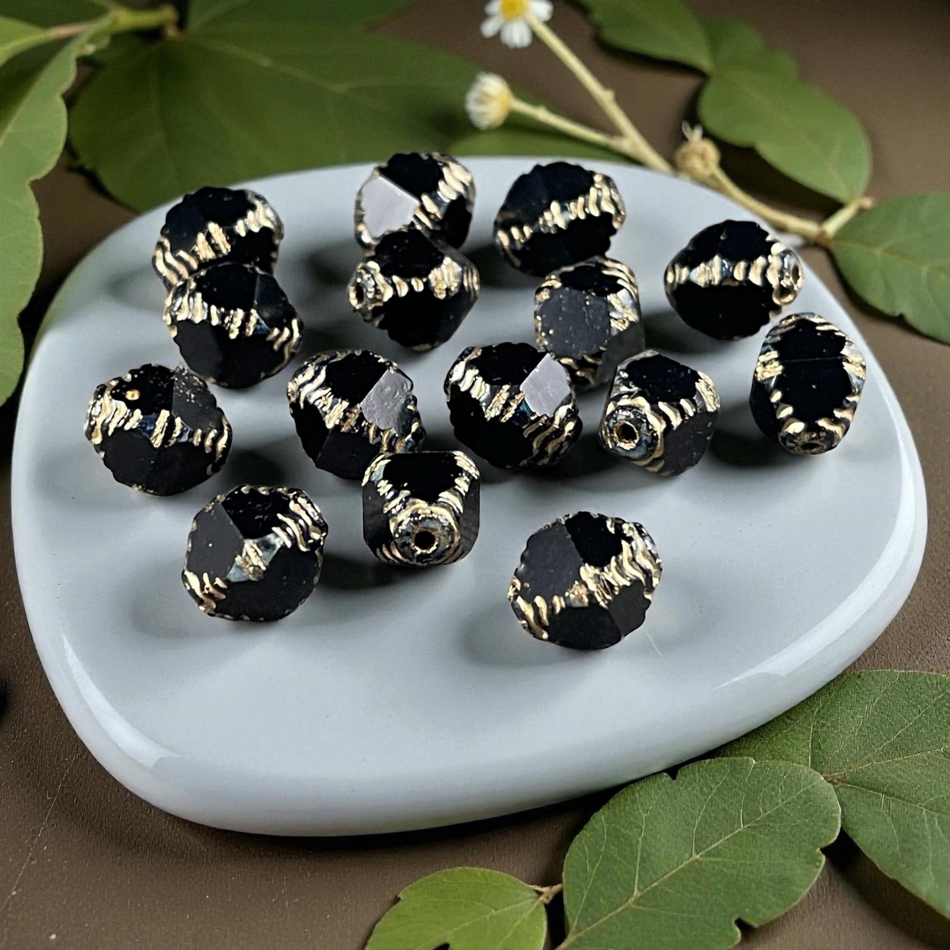 Czech Glass - 10x8mm Faceted Black and Gold Bicone Beads (BIF/N-1463) * Qty. 15