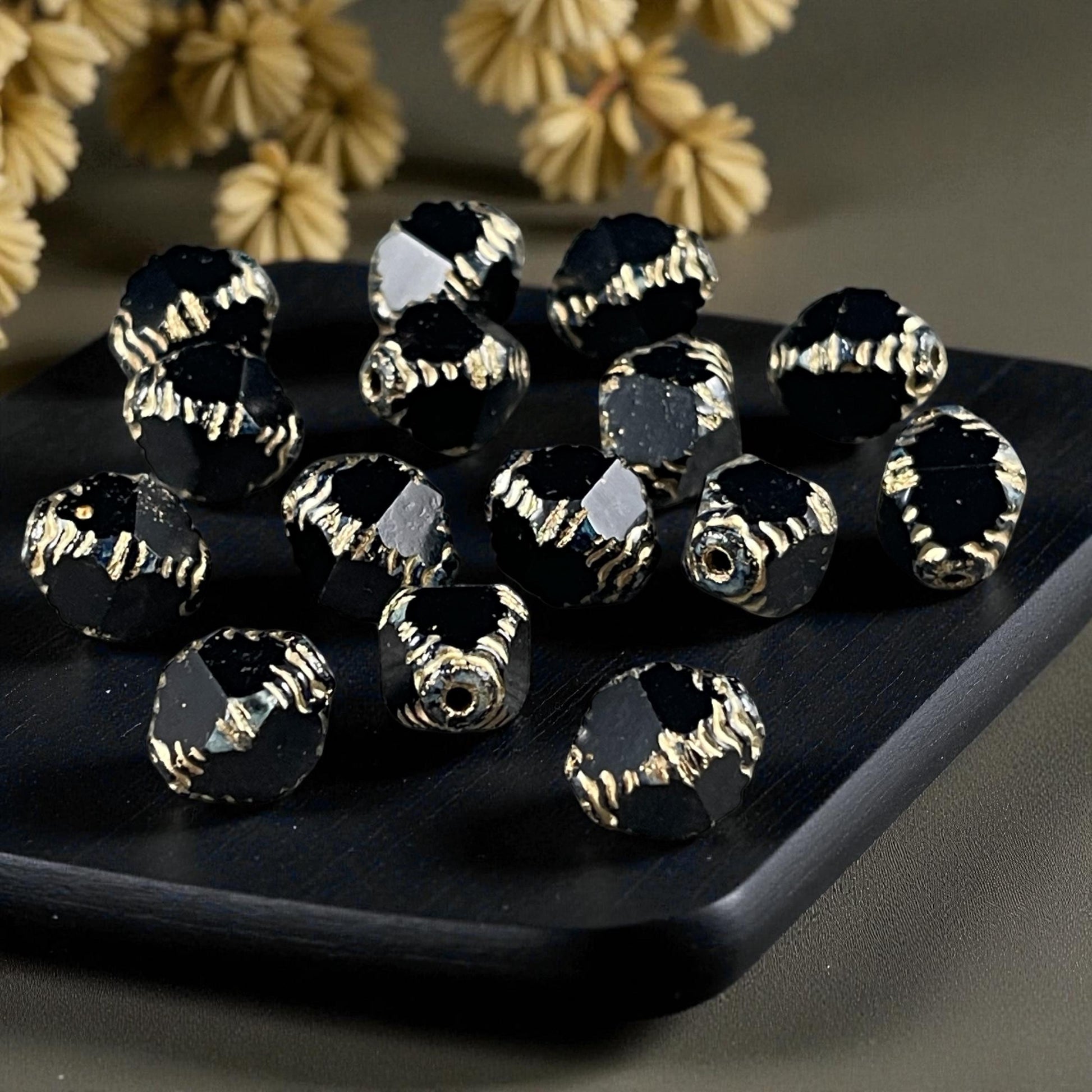 Czech Glass - 10x8mm Faceted Black and Gold Bicone Beads (BIF/N-1463) * Qty. 15